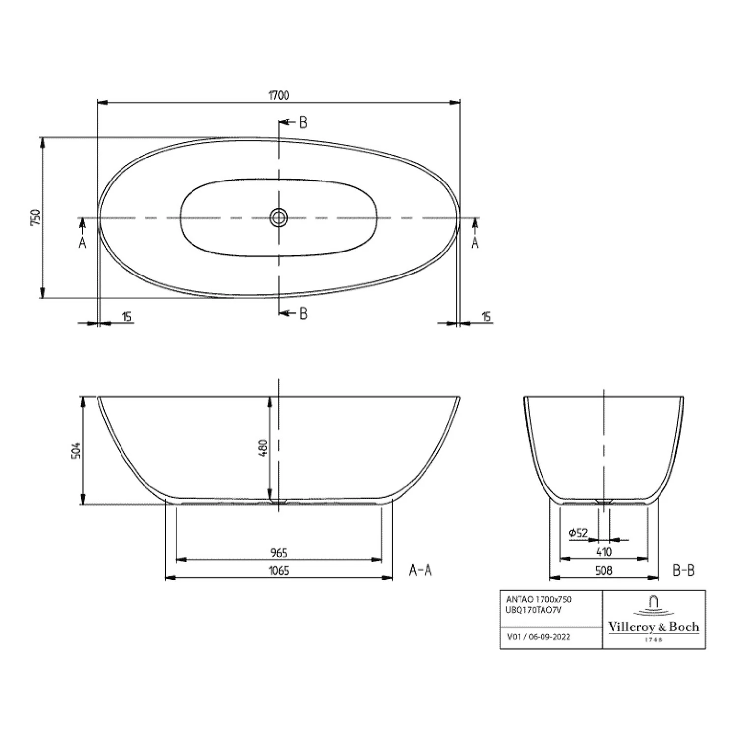 Villeroy & Boch Antao freistehende Badewanne 170 x 75 cm Bild 5