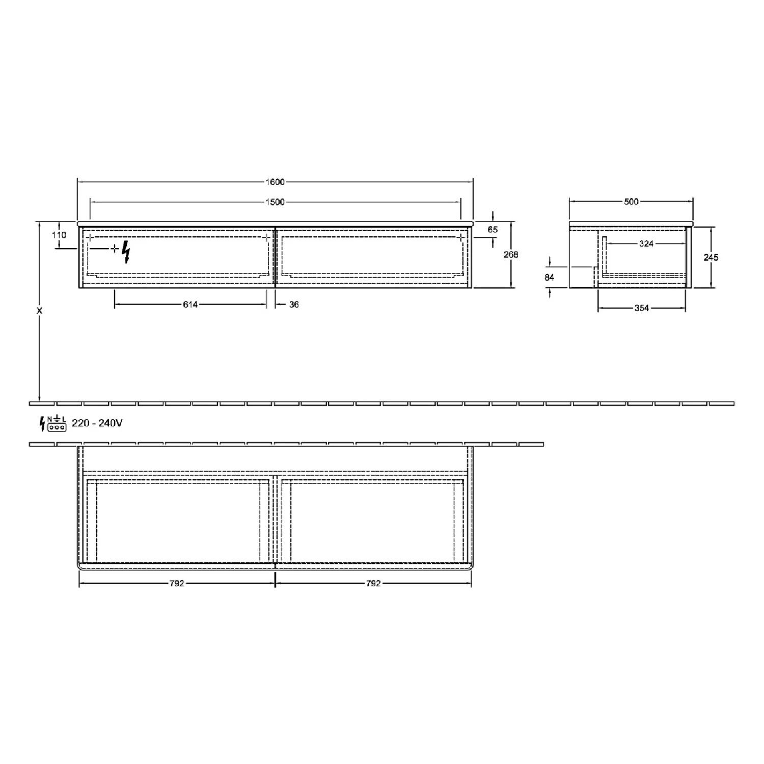 Rysunek techniczny mebla łazienkowego z wymiarami, Villeroy & Boch