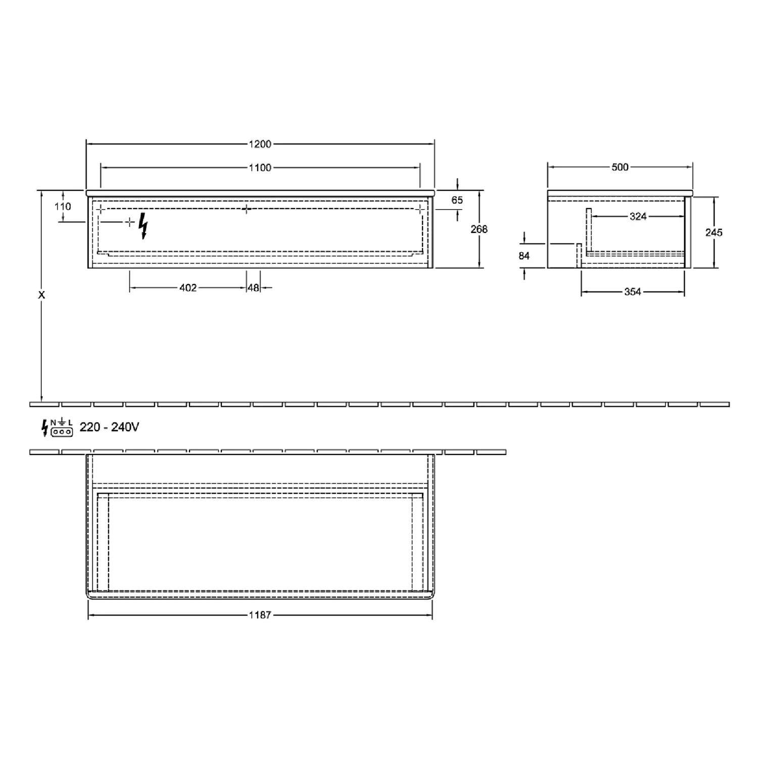 Rysunek techniczny mebla łazienkowego z wymiarami, Villeroy & Boch