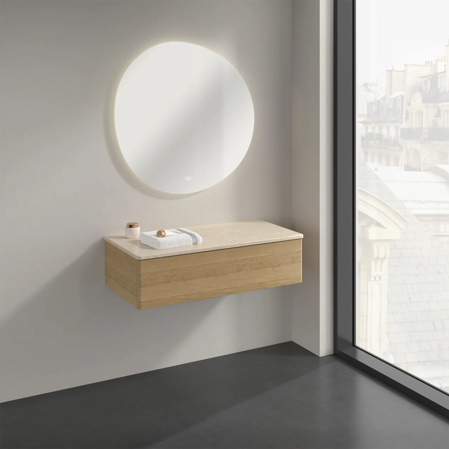 Wisząca drewniana szafka łazienkowa z okrągłym lustrem, Villeroy & Boch