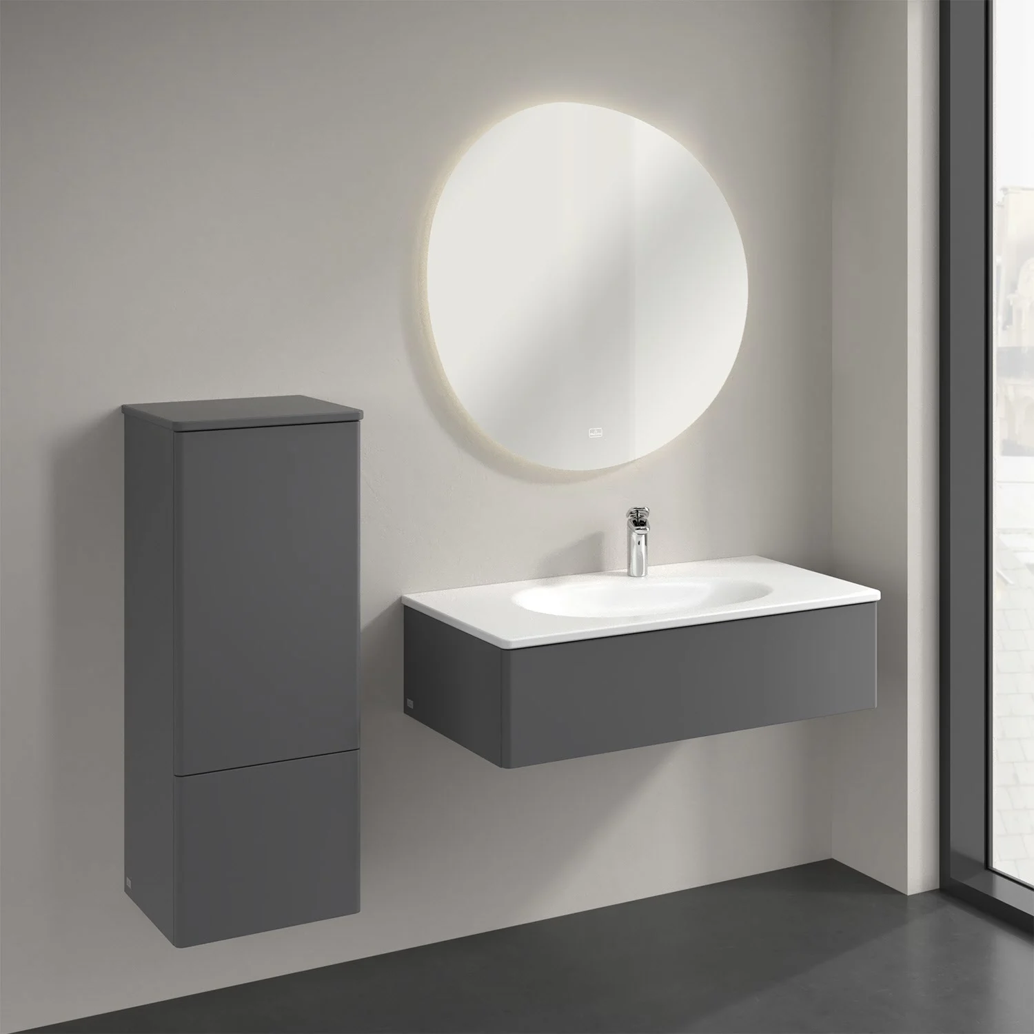 Meble łazienkowe w szarym kolorze z okrągłym lustrem, Villeroy & Boch