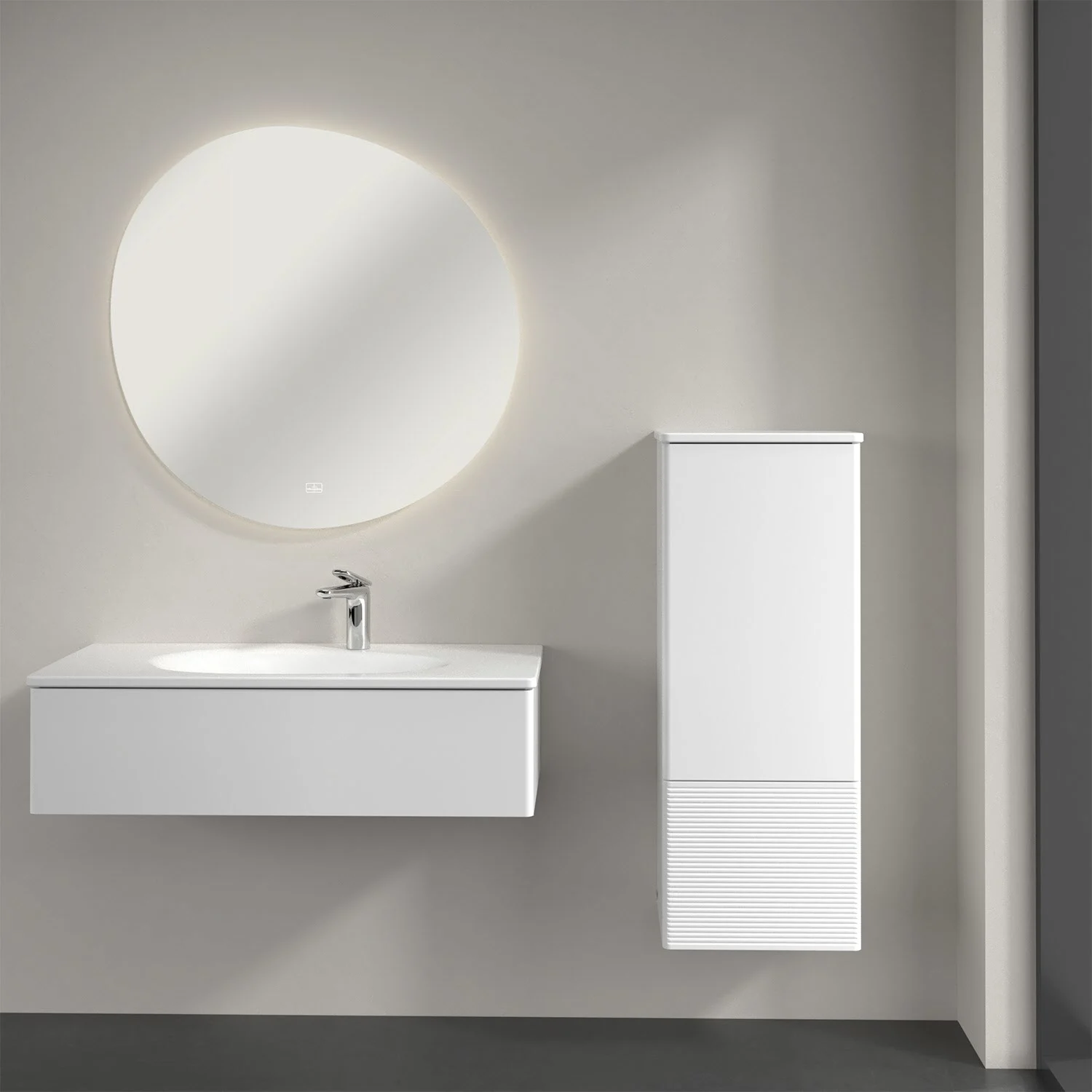 Meble łazienkowe w białym kolorze z okrągłym lustrem, Villeroy & Boch