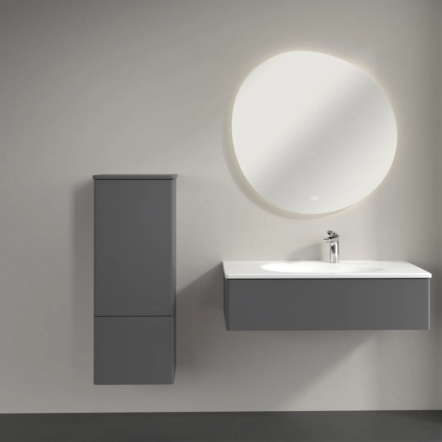 Szare meble łazienkowe z okrągłym lustrem, Villeroy & Boch