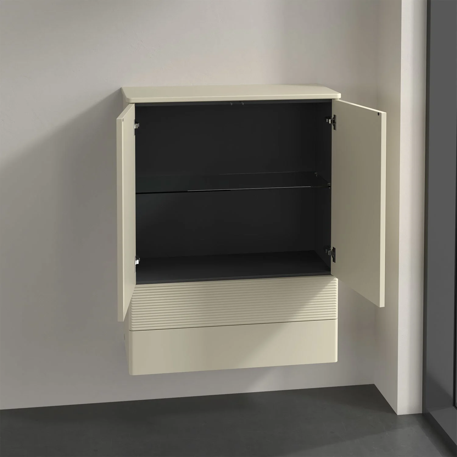 Beżowa szafka łazienkowa z otwartymi drzwiami, Villeroy & Boch