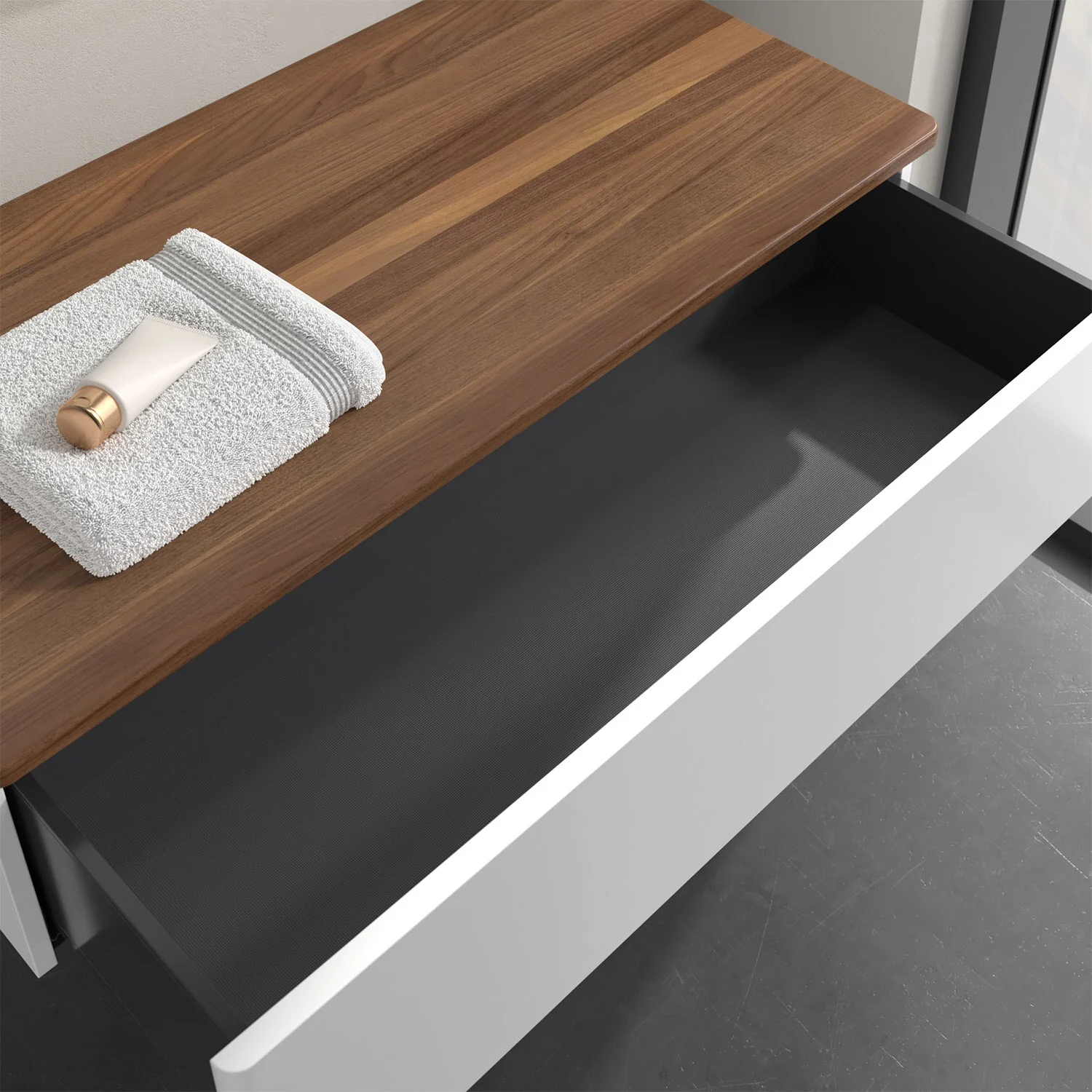 Otwarta szuflada z drewnianą powierzchnią w łazience, Villeroy & Boch
