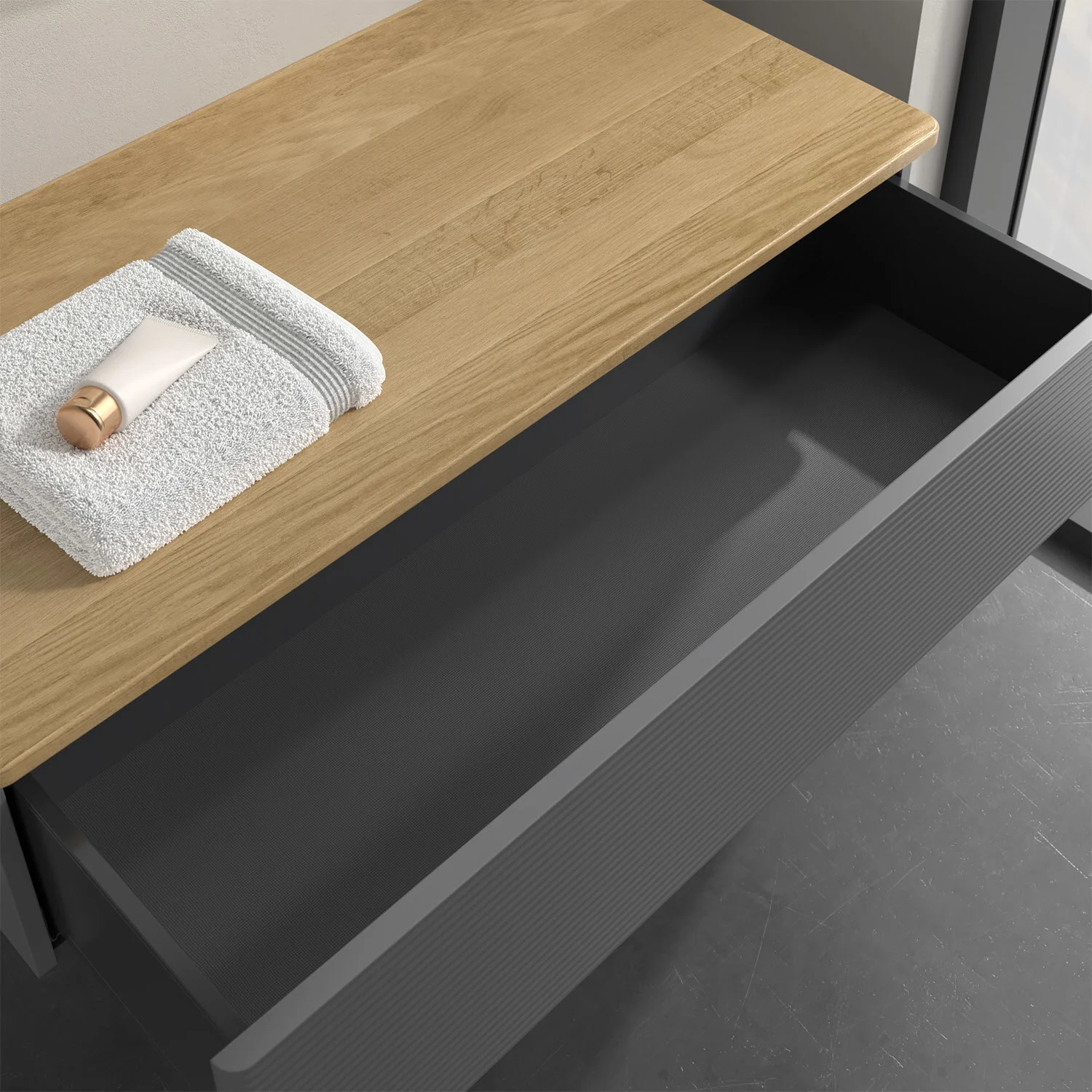 Zbliżenie otwartej szuflady z drewnianą powierzchnią, Villeroy & Boch