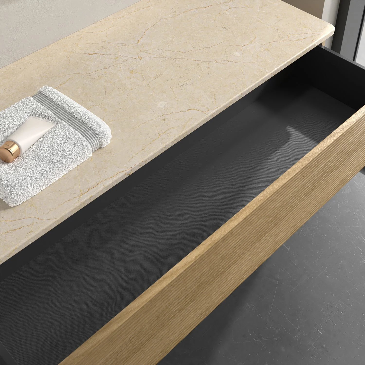 Beżowe meble łazienkowe z drewnianą szufladą z góry, Villeroy & Boch