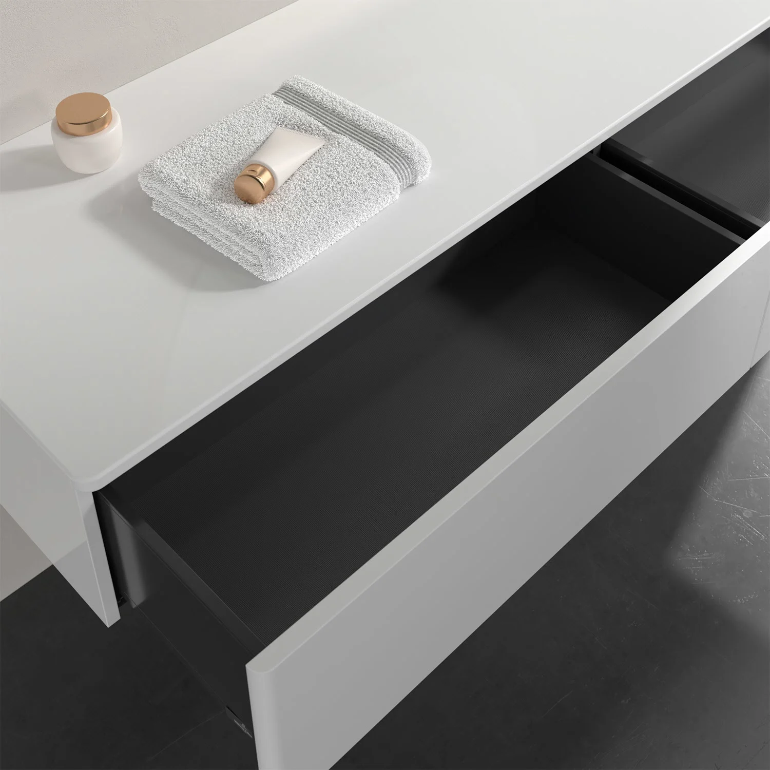 Białe meble łazienkowe z otwartą szufladą z góry, Villeroy & Boch
