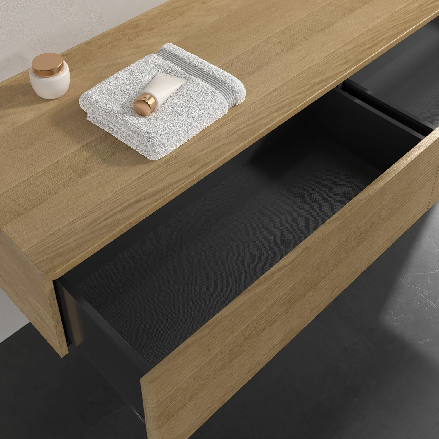Zbliżenie umywalki z ciemną drewnianą powierzchnią, Villeroy & Boch