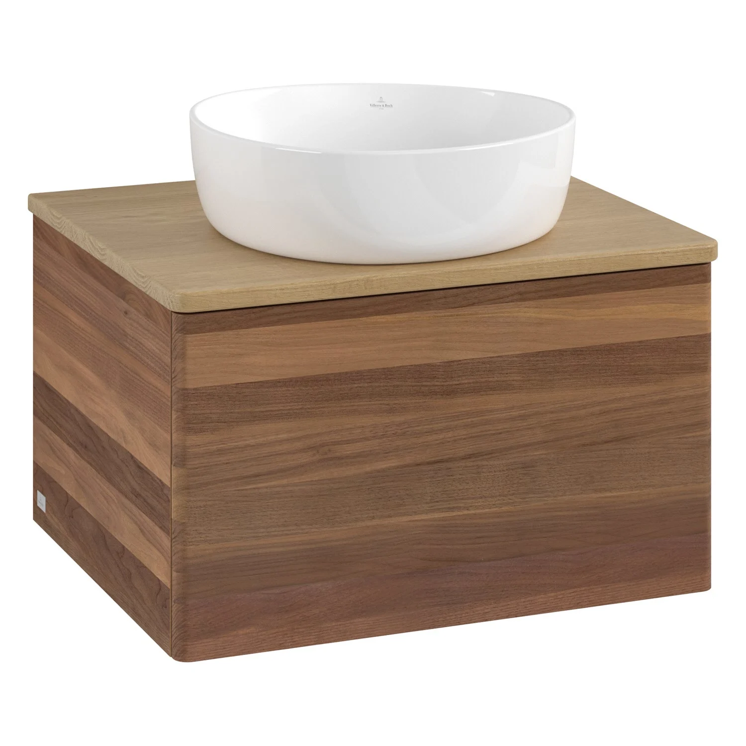 Umywalka w ciemnym drewnie z białą umywalką, Villeroy & Boch