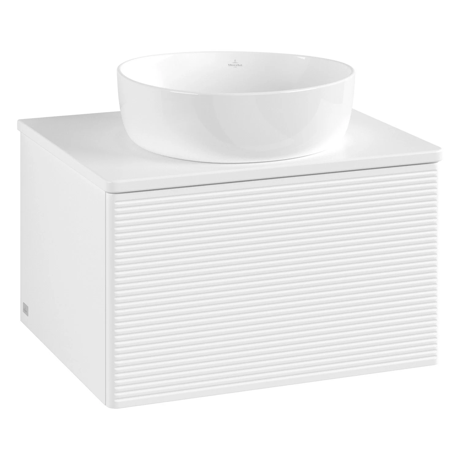Biała szafka z okrągłą umywalką widok z przodu, Villeroy & Boch