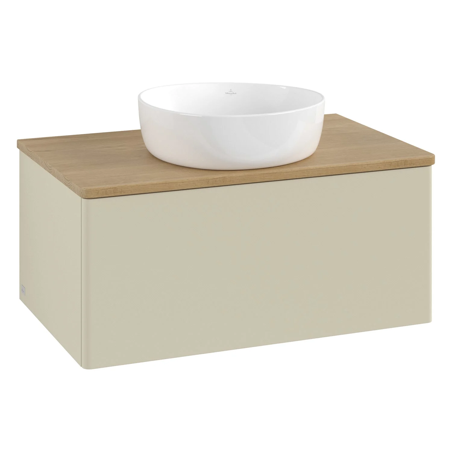 Umywalka kremowa z drewnianym blatem, widok z przodu, Villeroy & Boch
