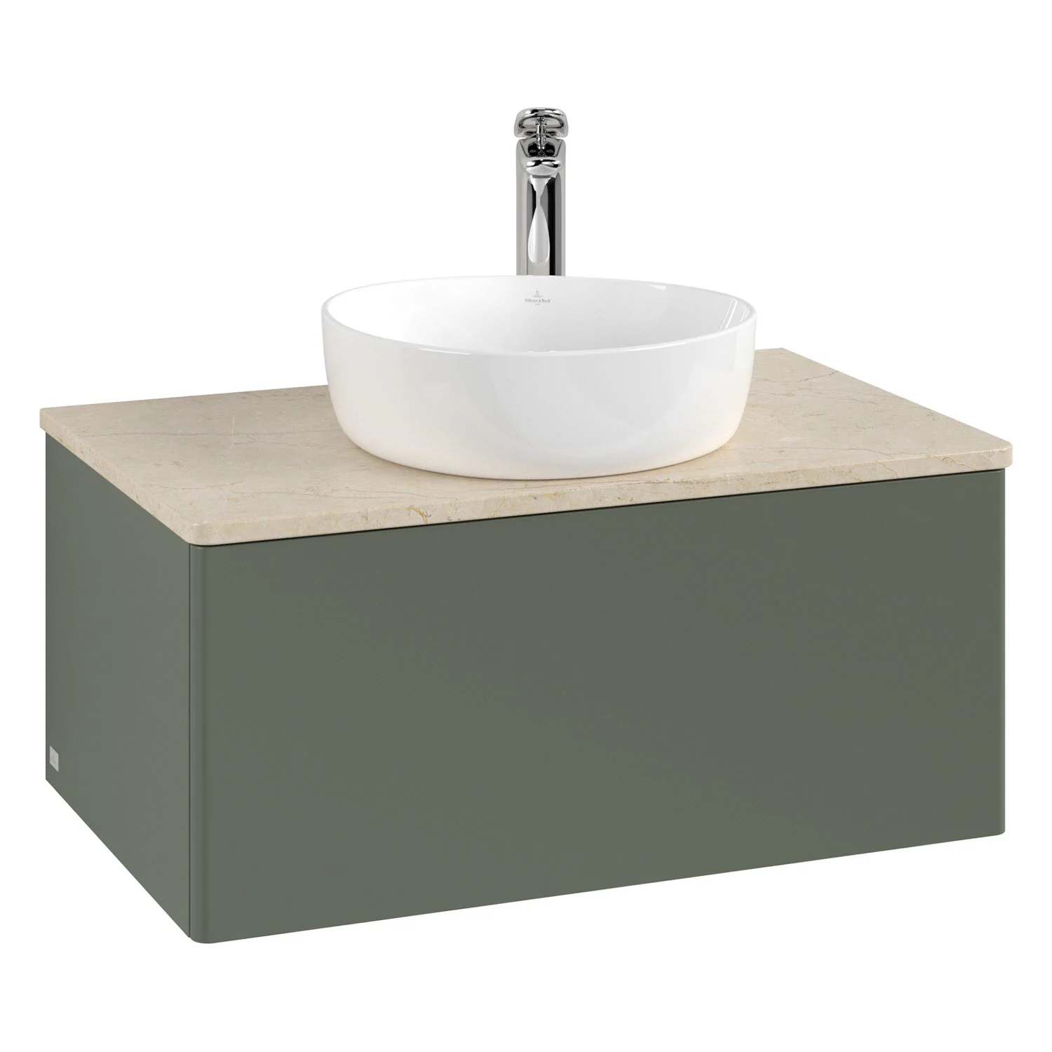 Zielona szafka łazienkowa z umywalką nablatową, Villeroy & Boch