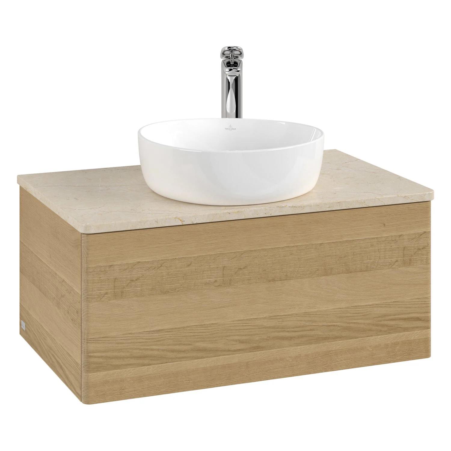 Umywalka w drewnianym wyglądzie z białą umywalką nablatową, Villeroy & Boch