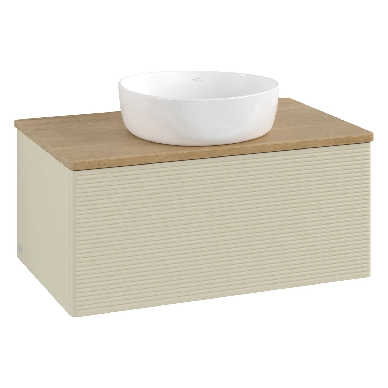 Umywalka kremowa z drewnianym blatem, widok z przodu, Villeroy & Boch