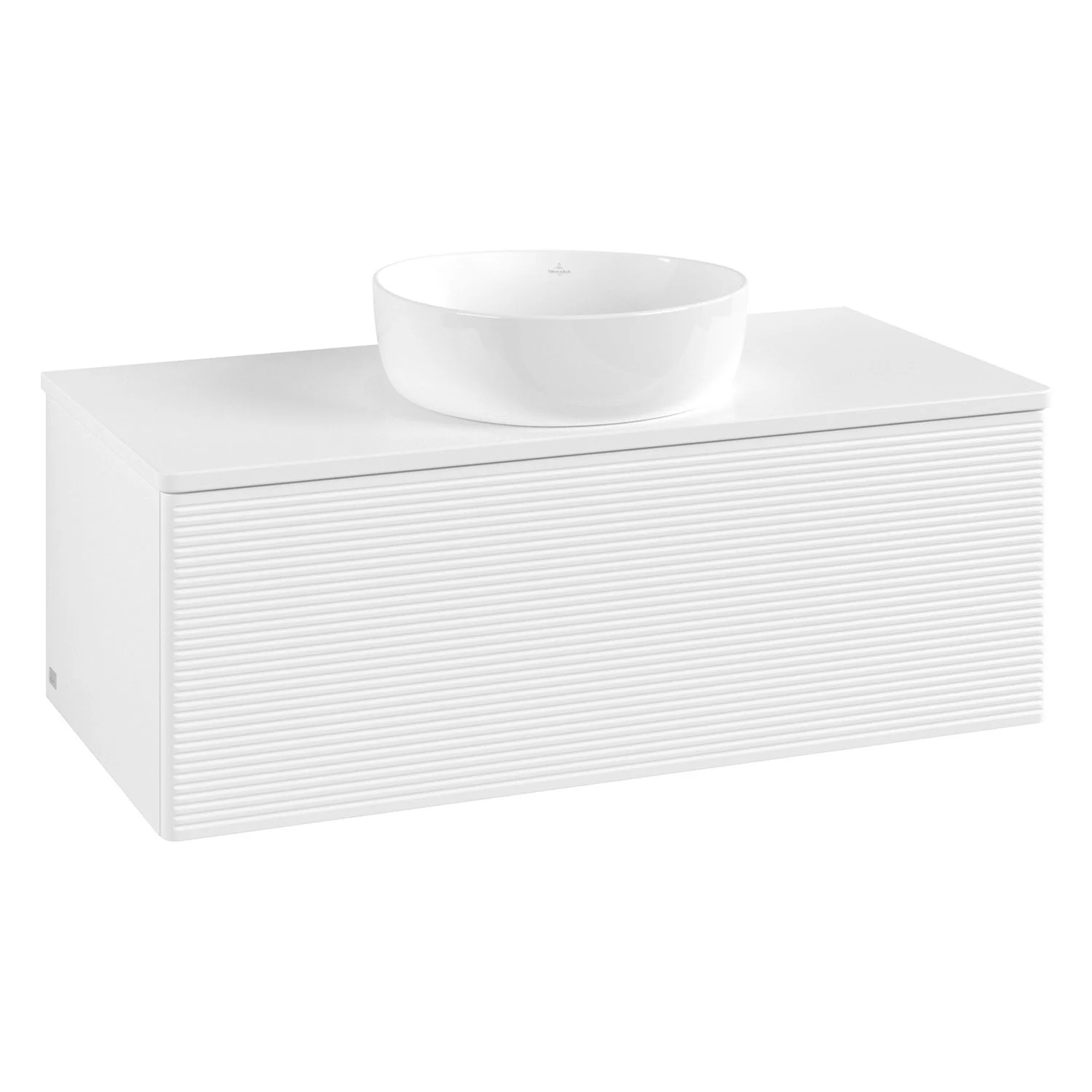 Biała szafka umywalkowa z białą umywalką nablatową, Villeroy & Boch