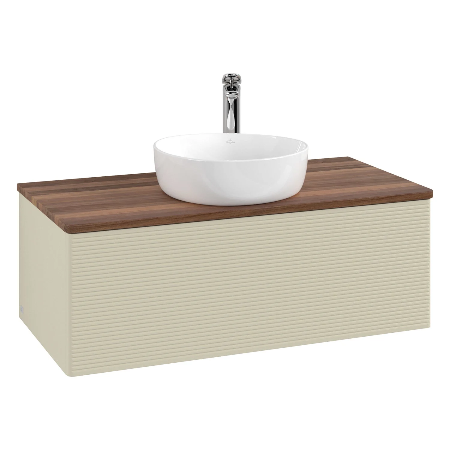 Umywalka z białą misą i drewnianą powierzchnią, Villeroy & Boch