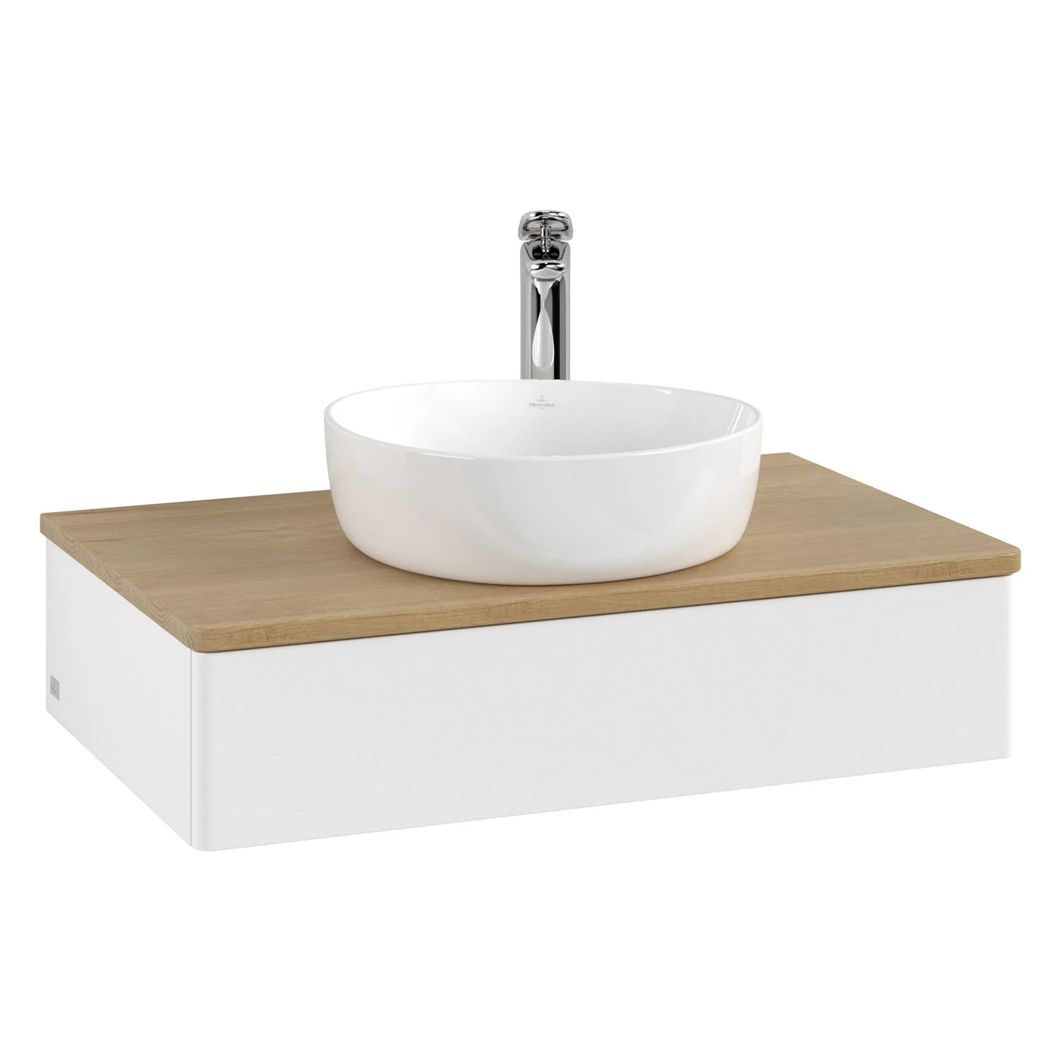 Umywalka z białą misą i drewnianą powierzchnią, Villeroy & Boch