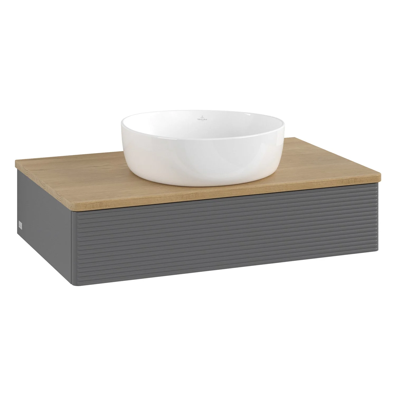 Umywalka z drewnianym blatem i szarą szafką, Villeroy & Boch