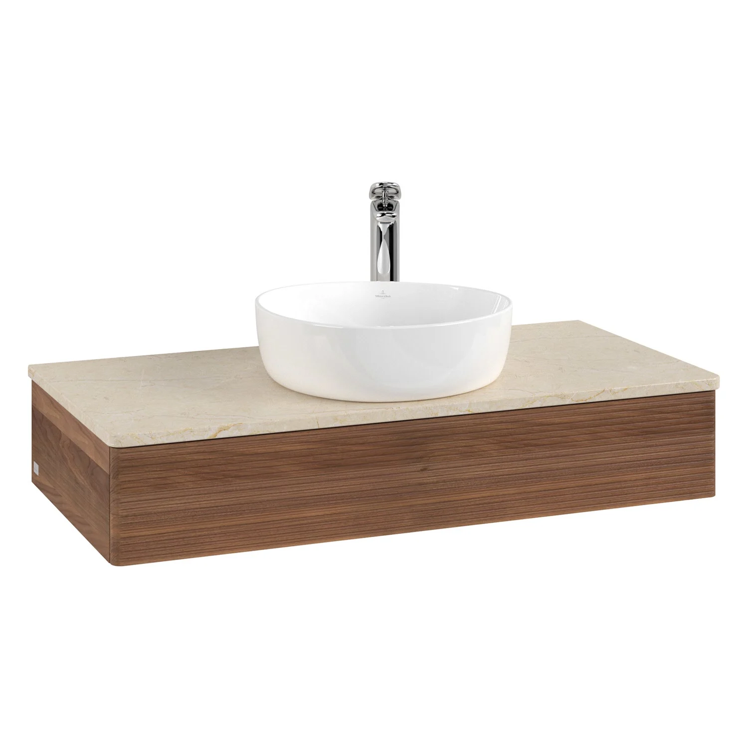 Umywalka w drewnianym wyglądzie z beżową umywalką nablatową, Villeroy & Boch