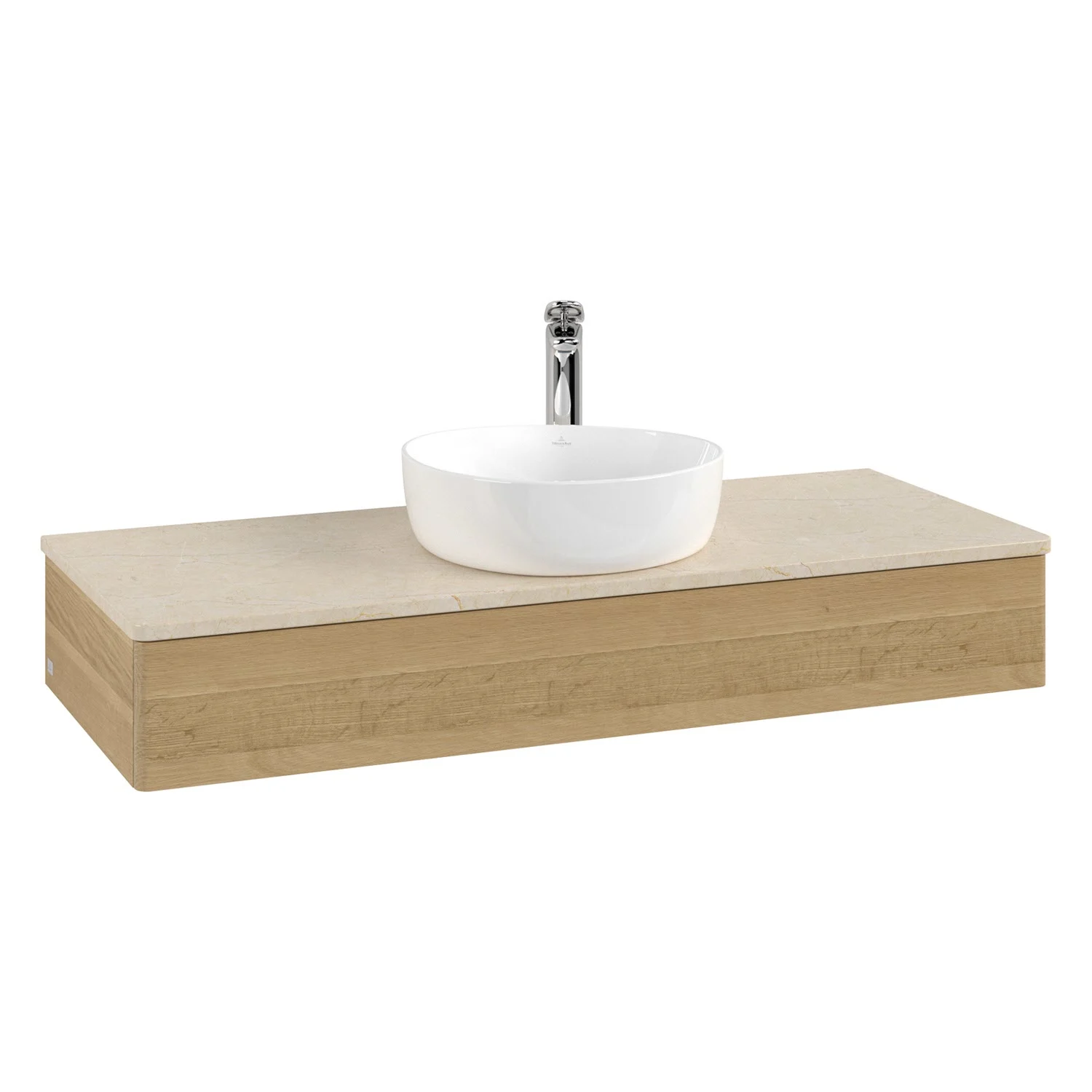 Umywalka w drewnianym wyglądzie z beżową umywalką nablatową, Villeroy & Boch