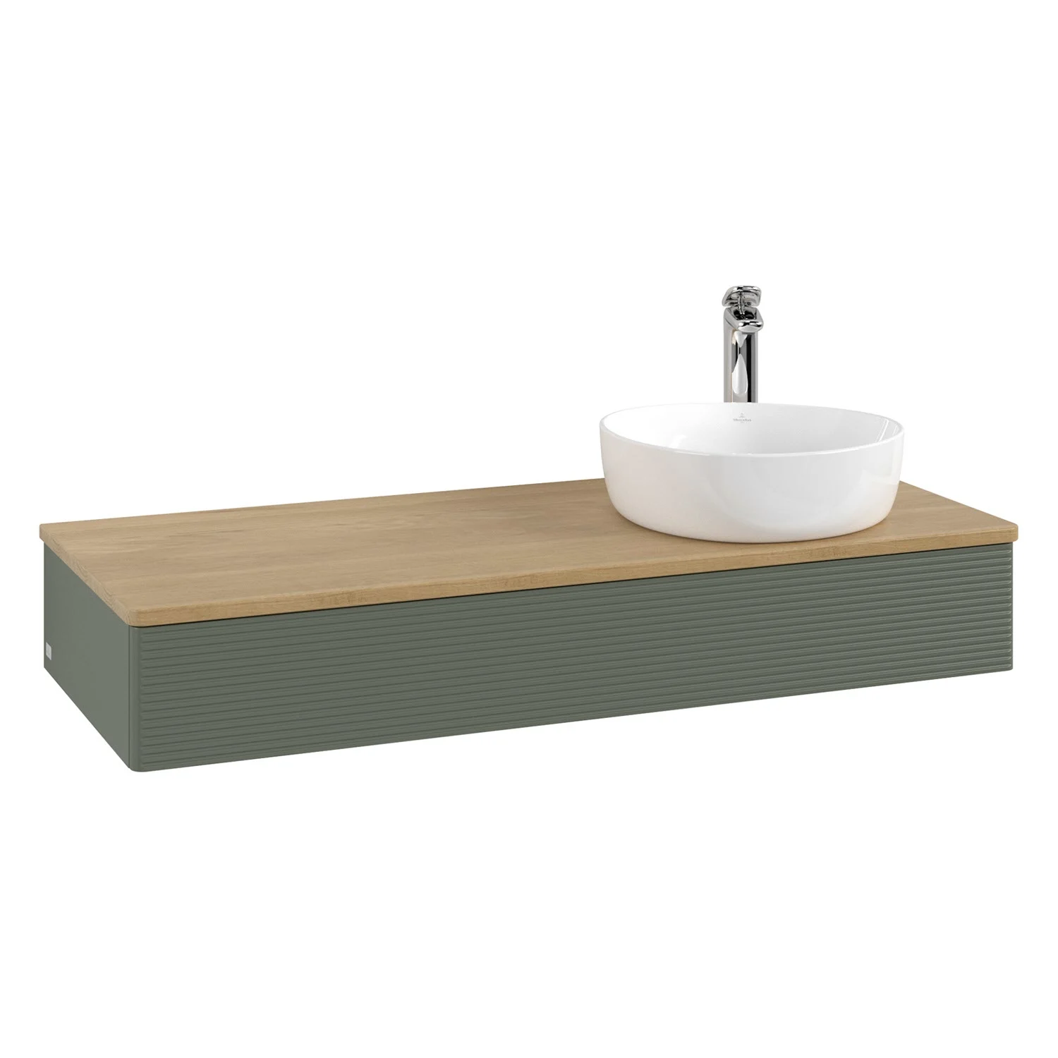 Umywalka z zielonym drewnianym blatem i białą umywalką, Villeroy & Boch