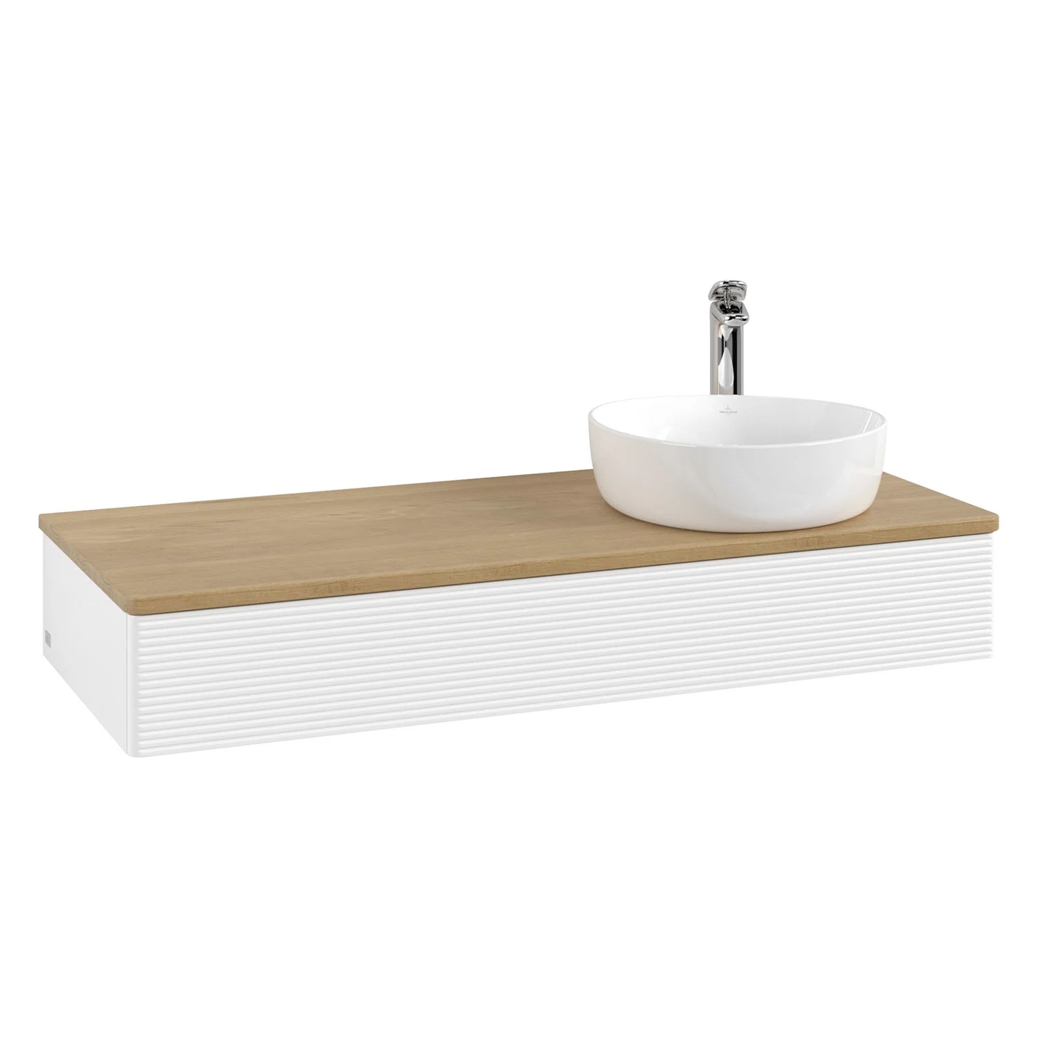 Umywalka z jasnym drewnianym blatem i białą umywalką, Villeroy & Boch