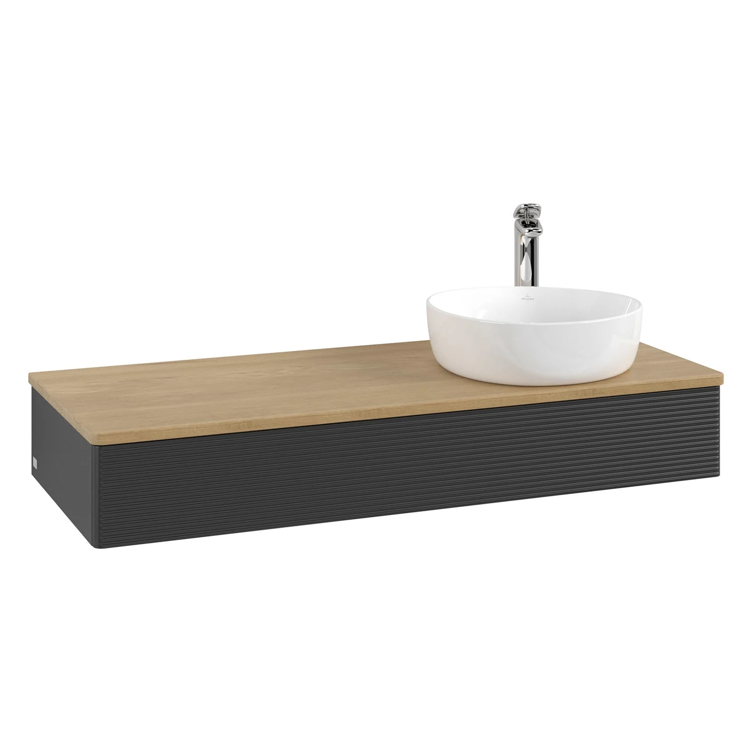 Umywalka z ciemnym drewnianym blatem i białą umywalką, Villeroy & Boch
