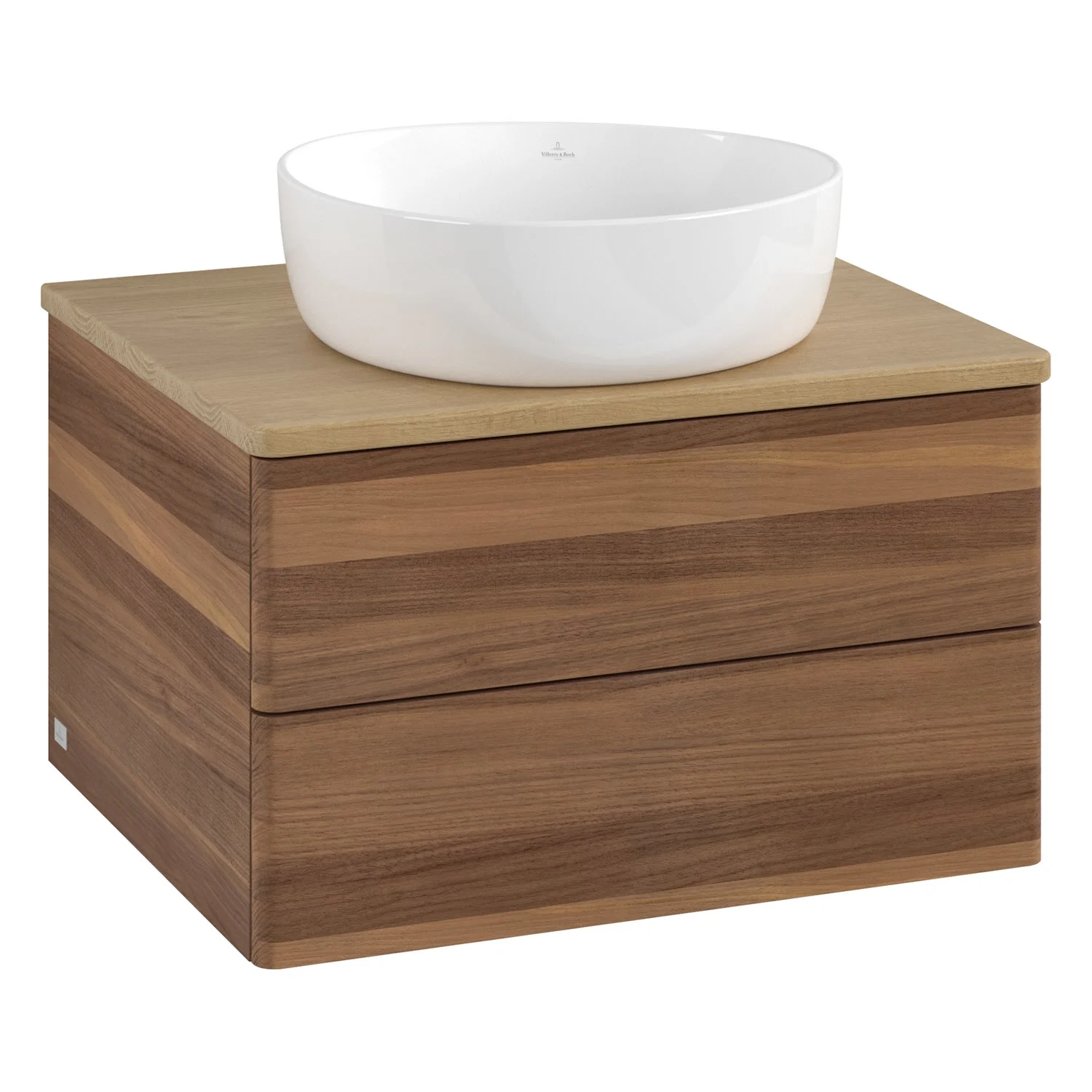 Meble łazienkowe w ciemnym kolorze drewna z umywalką, Villeroy & Boch
