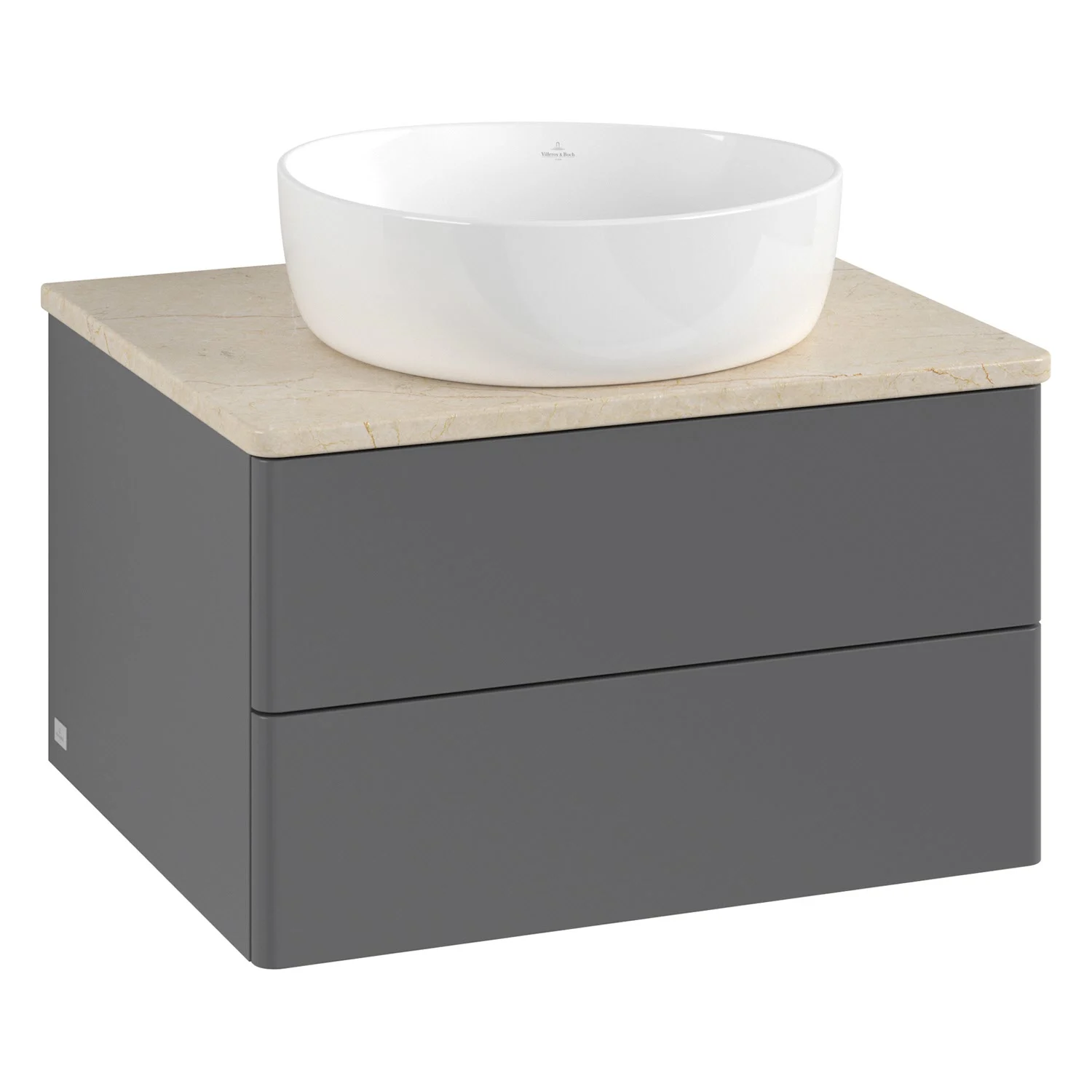 Szara szafka z okrągłą umywalką, Villeroy & Boch