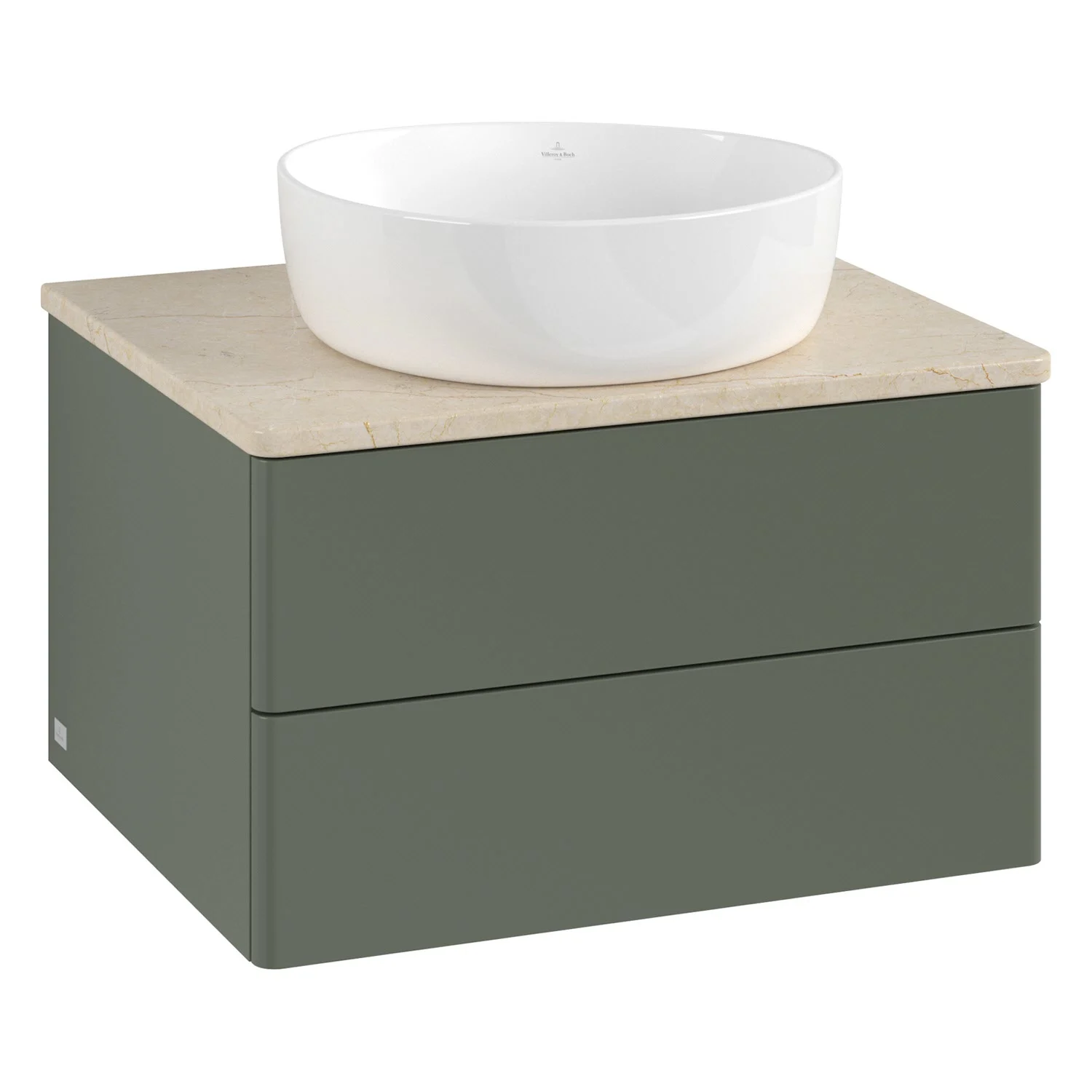 Zielona szafka z okrągłą umywalką, Villeroy & Boch