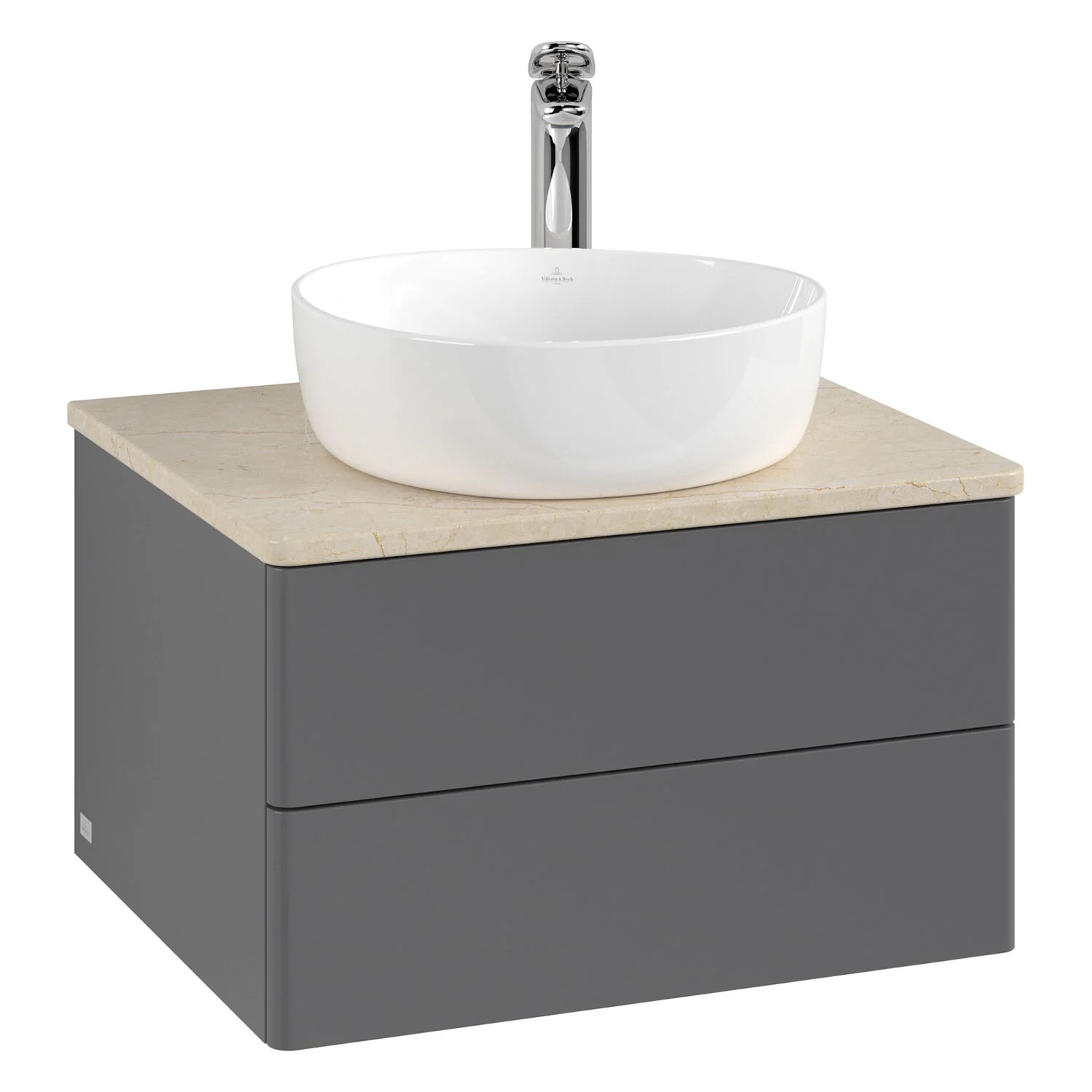 Umywalka z szarą szafką i białą umywalką, Villeroy & Boch