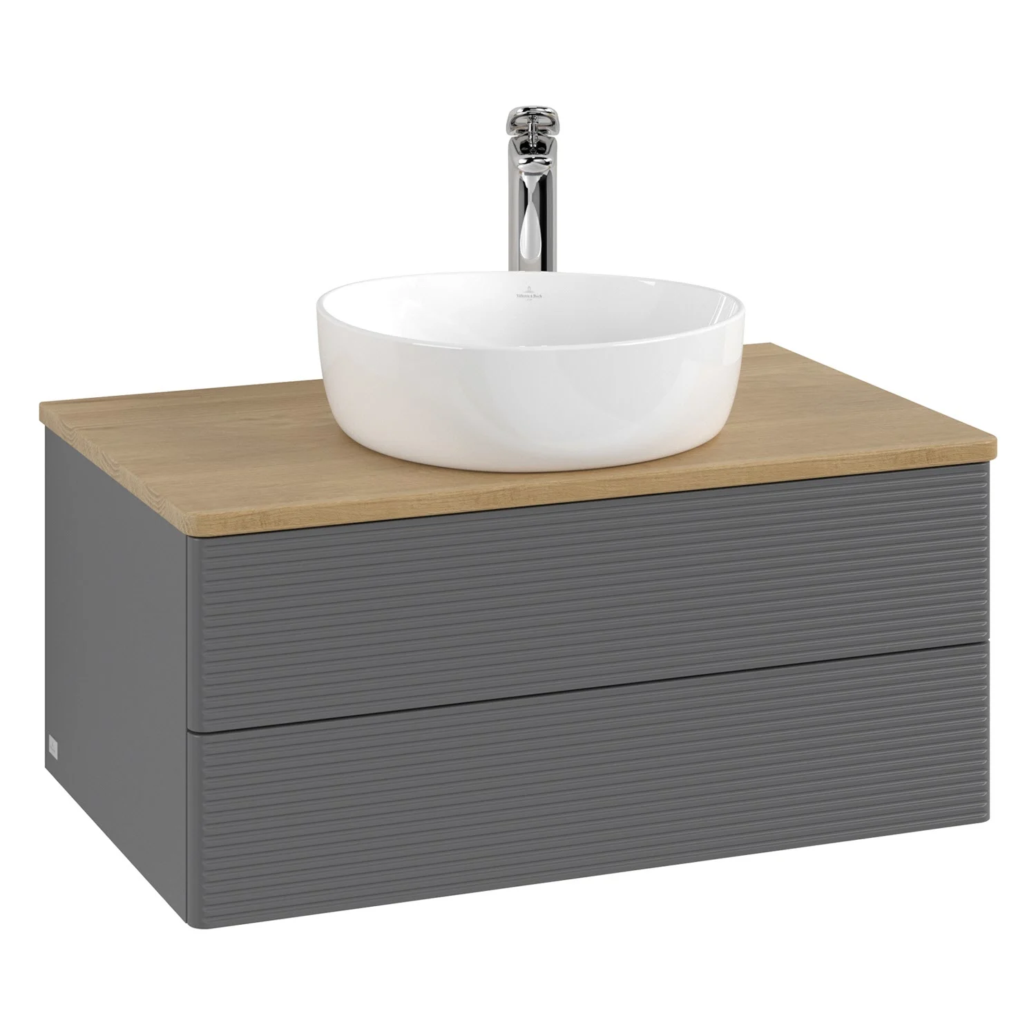 Umywalka widok z przodu, szara i drewniana, Villeroy & Boch