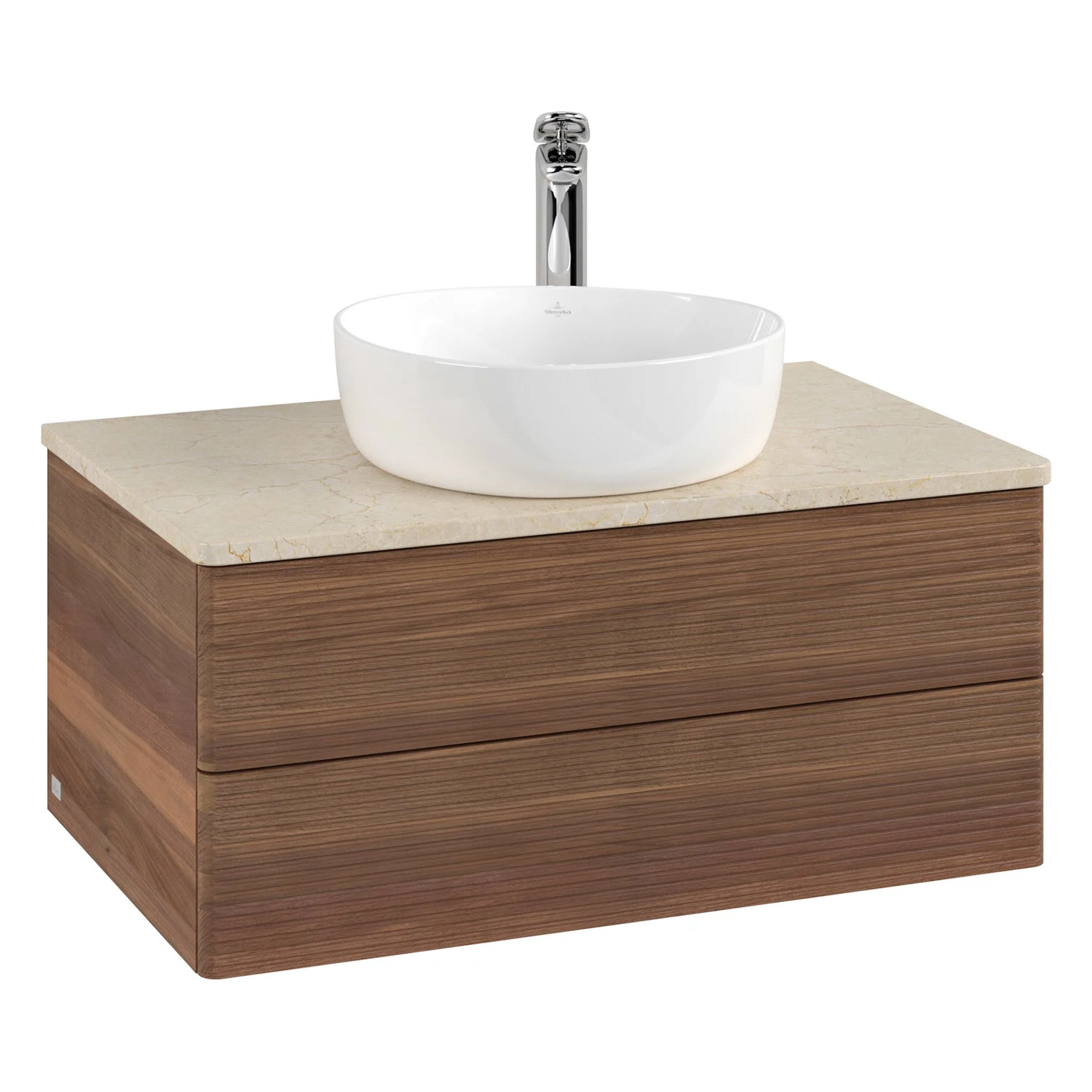 Umywalka w drewnianym wyglądzie z beżowym marmurowym blatem, Villeroy & Boch