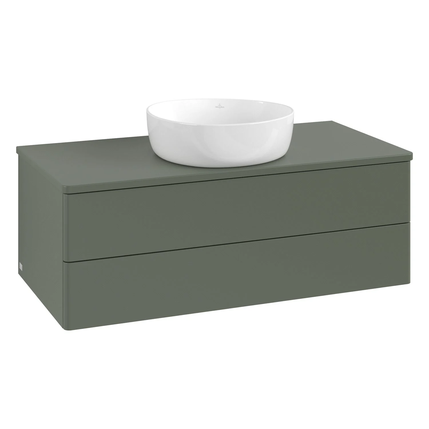 Zielone meble łazienkowe z zielonym blatem i umywalką, Villeroy & Boch