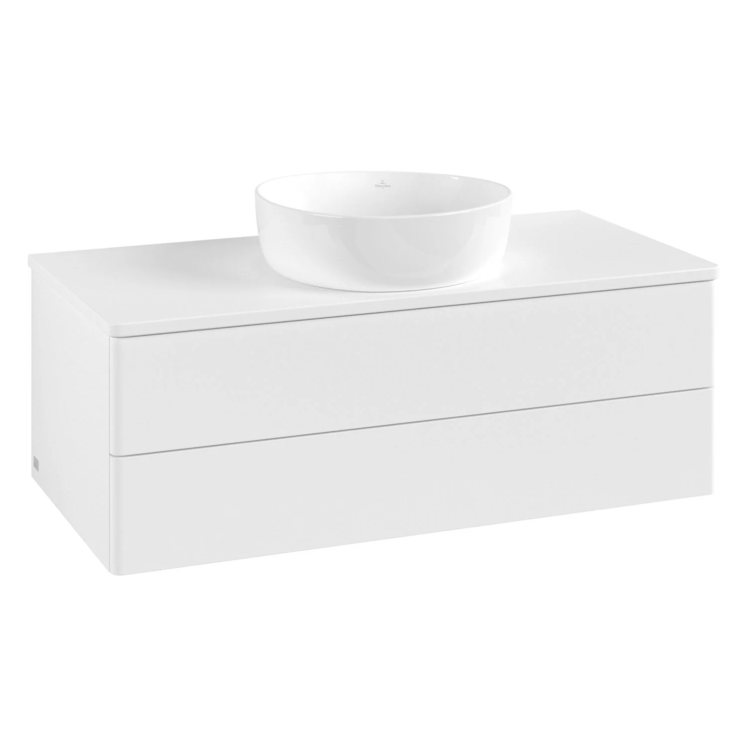 Białe meble łazienkowe z białym blatem i umywalką, Villeroy & Boch