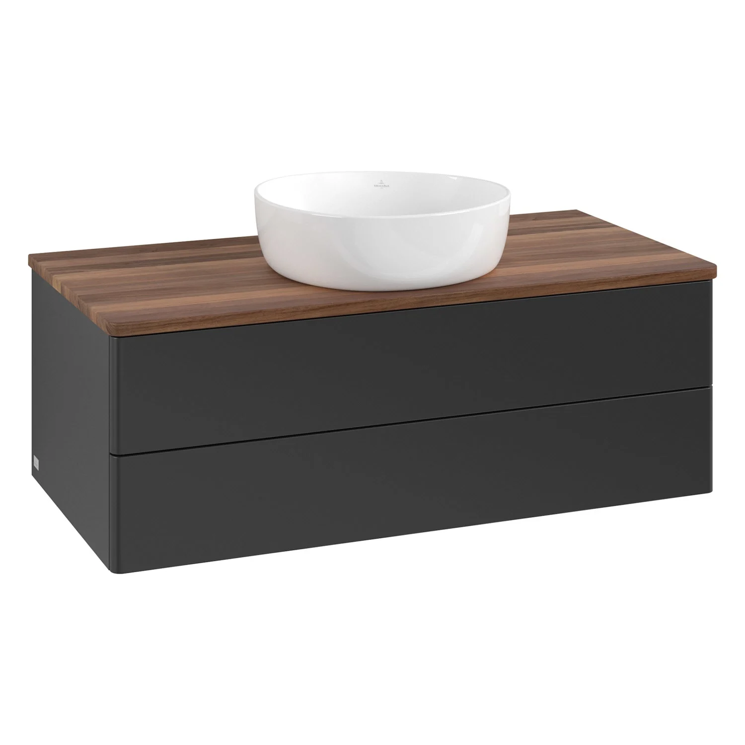 Umywalka w czarnym kolorze z drewnianym blatem, Villeroy & Boch