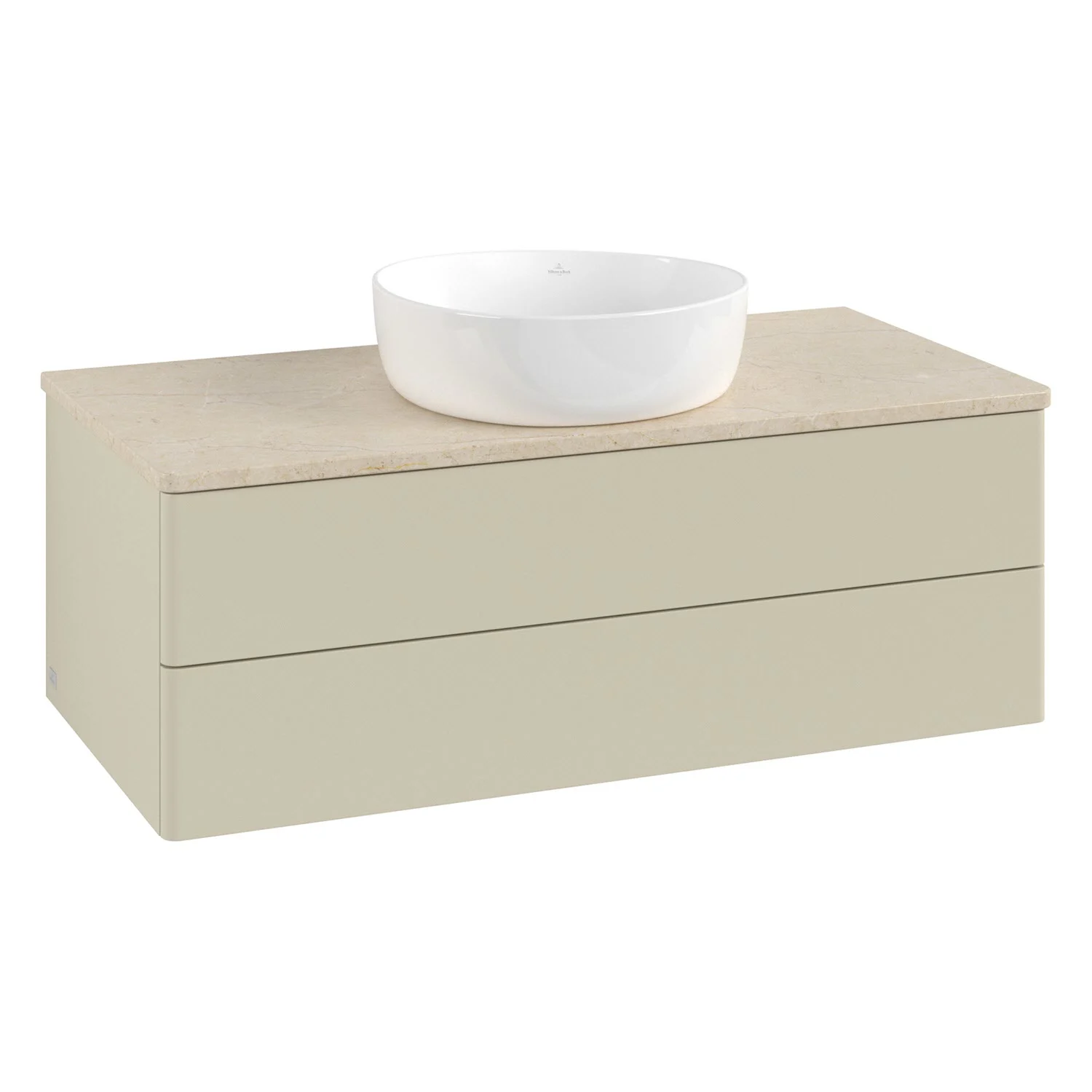 Jasno-beżowa szafka z białą umywalką nablatową, Villeroy & Boch