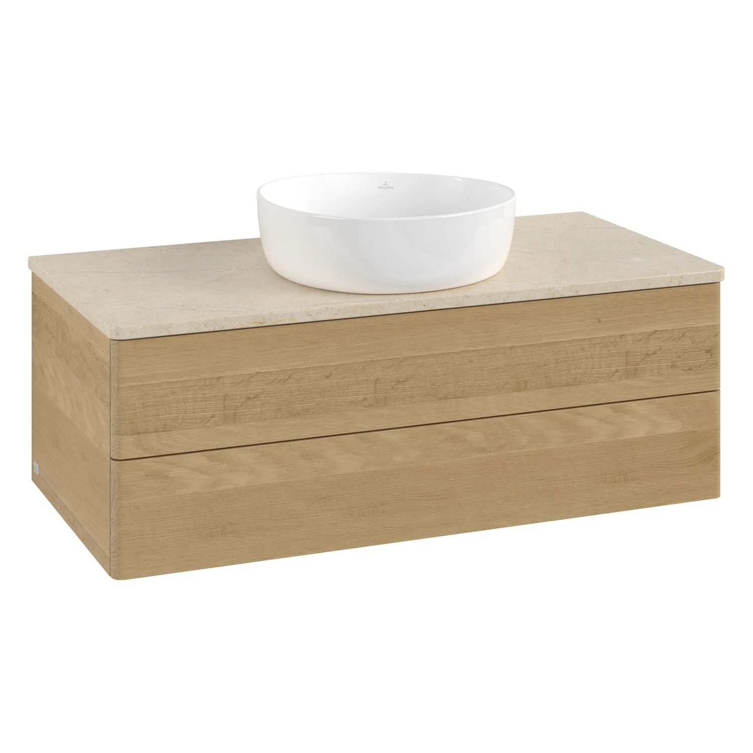 Drewniana szafka z białą umywalką nablatową, Villeroy & Boch