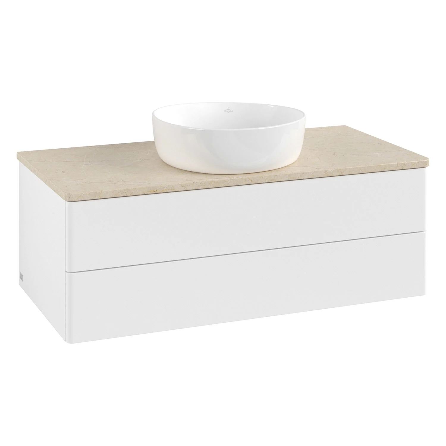 Biała szafka z białą umywalką nablatową, Villeroy & Boch