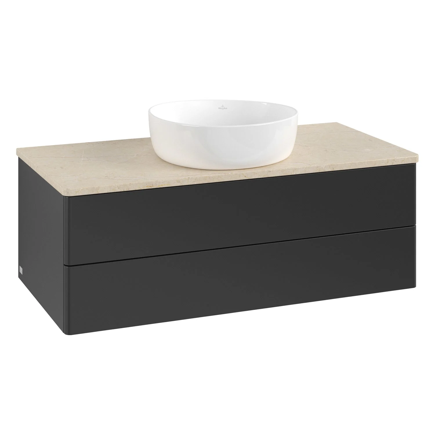 Czarna szafka z białą umywalką nablatową, Villeroy & Boch