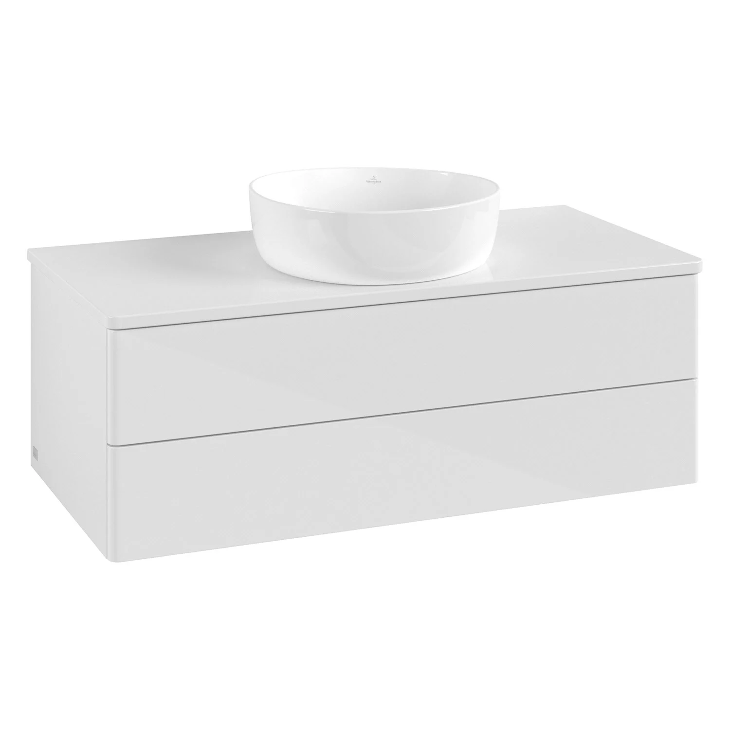 Biała szafka z okrągłą umywalką widok z przodu, Villeroy & Boch