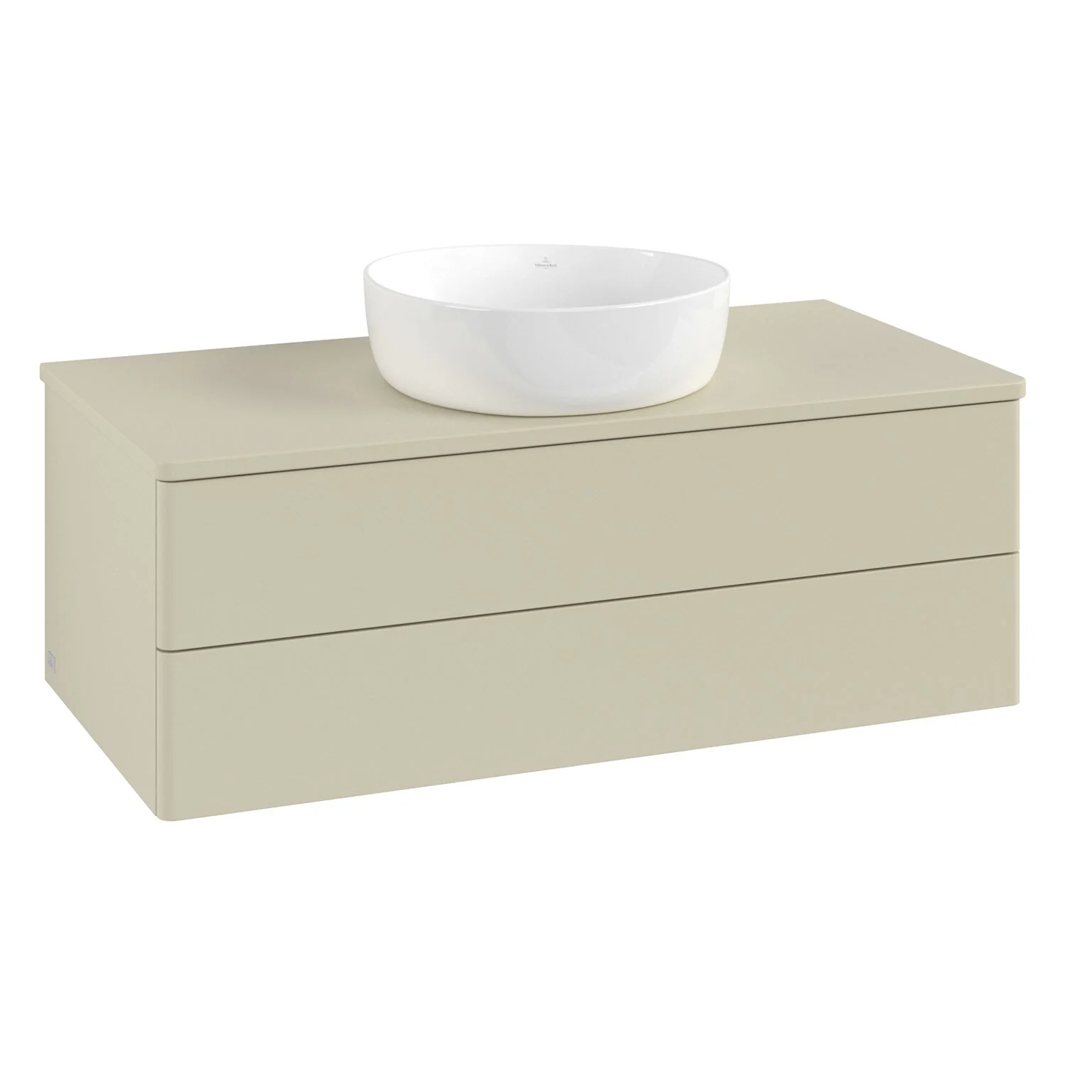 Piaskowa szafka z okrągłą umywalką widok z przodu, Villeroy & Boch