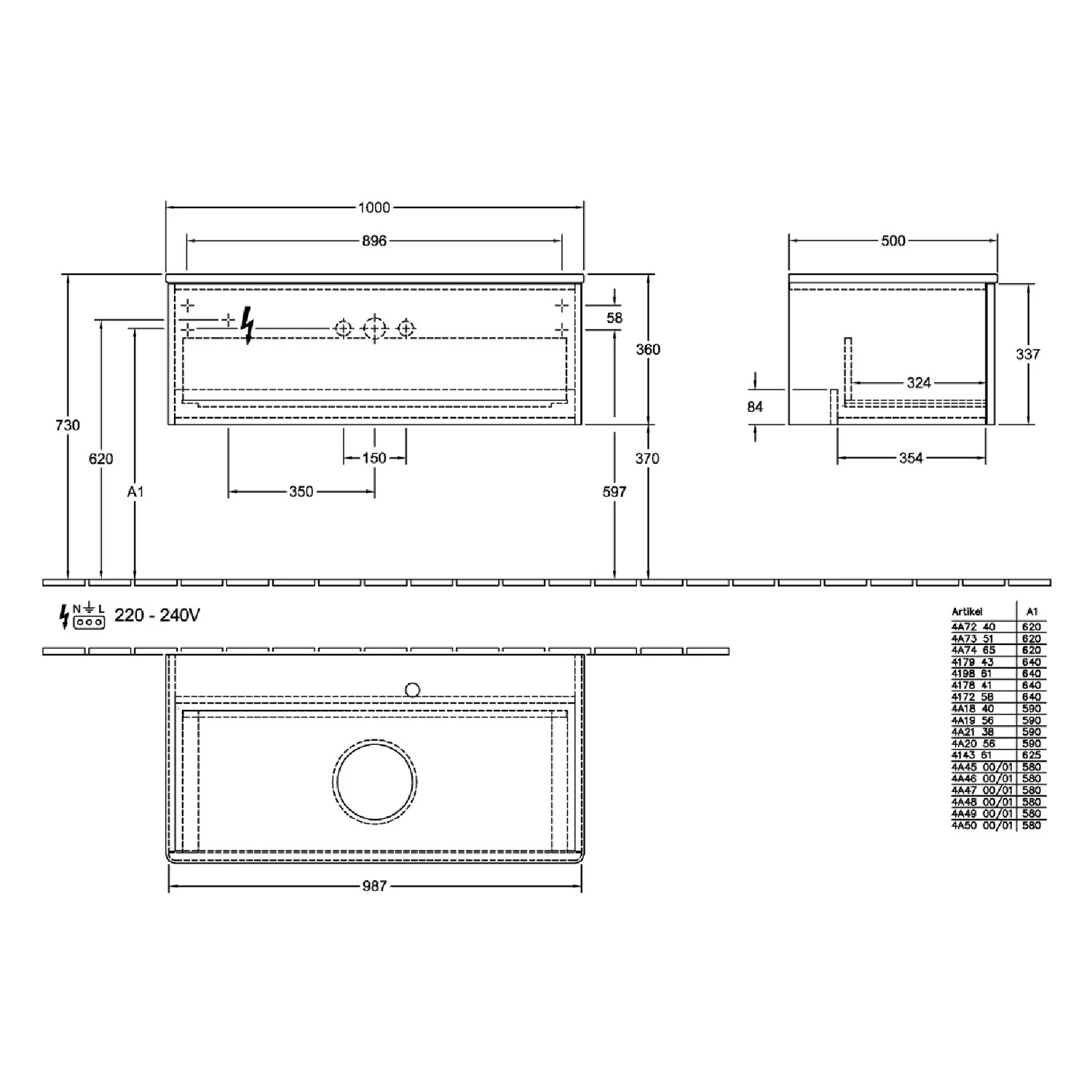 Rysunek techniczny umywalki z wymiarami, Villeroy & Boch