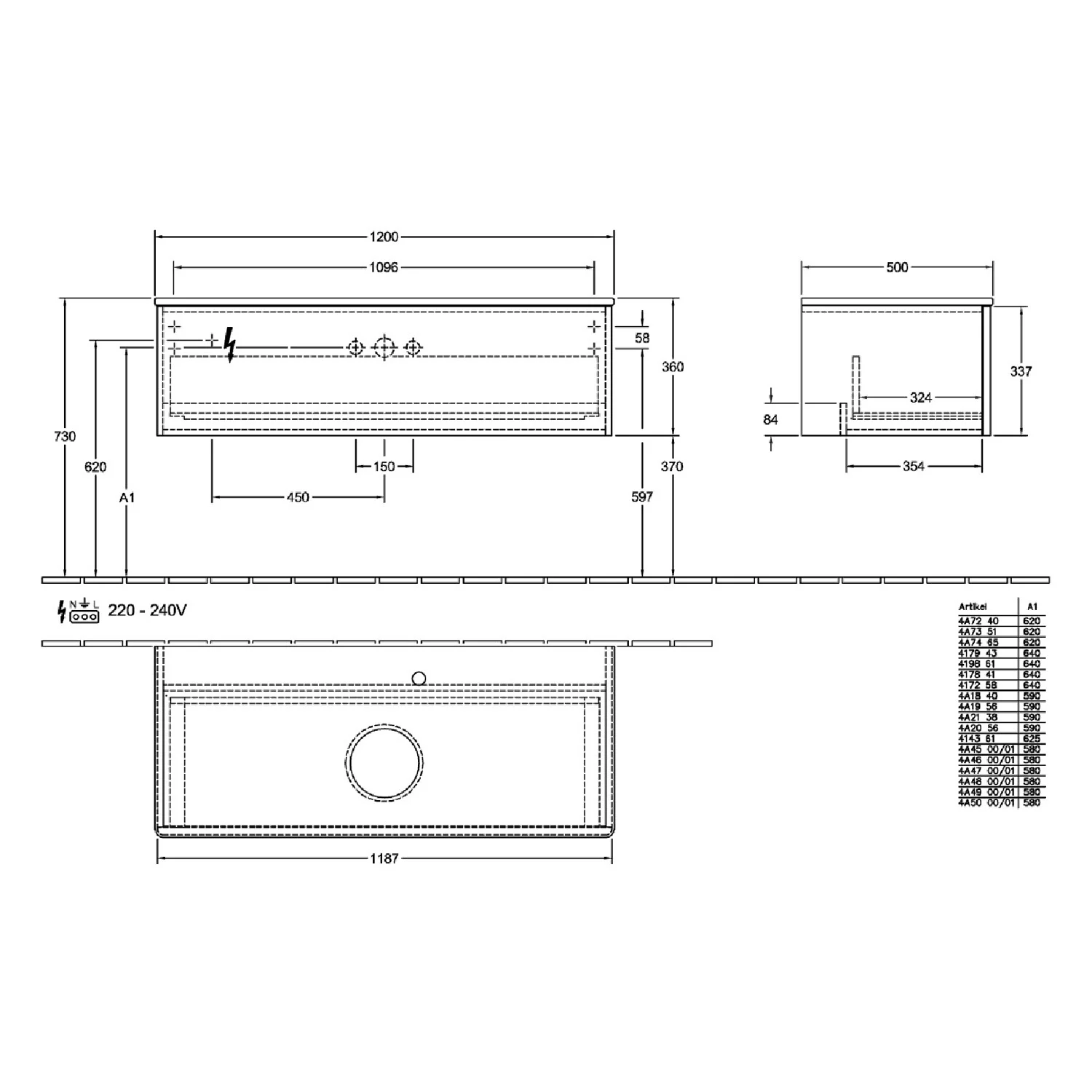 Rysunek techniczny zlewu z wymiarami, Villeroy & Boch