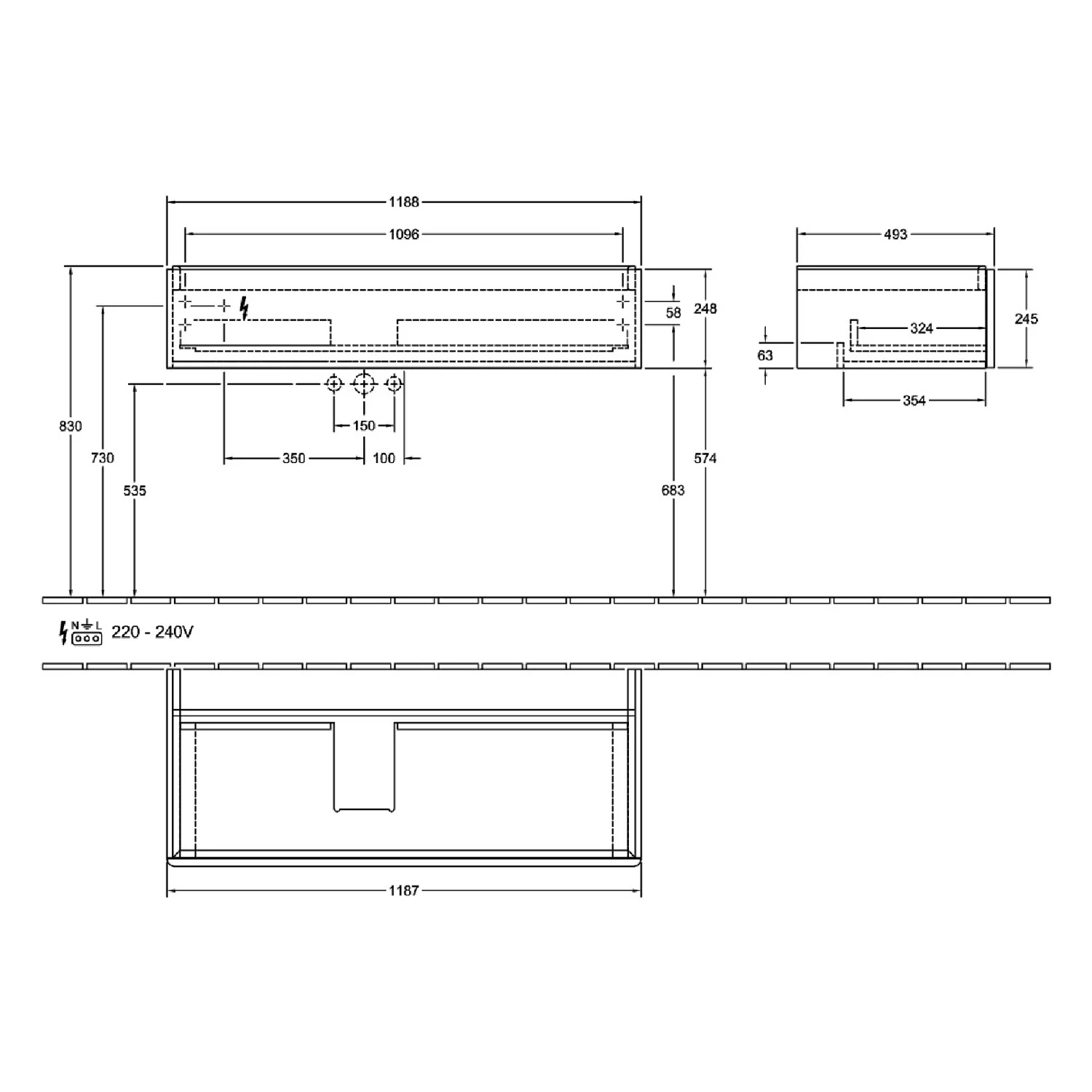 Rysunek techniczny mebla łazienkowego z wymiarami, Villeroy & Boch