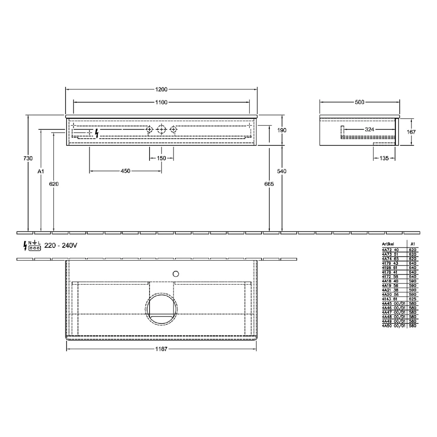 Rysunek techniczny mebla łazienkowego z wymiarami, Villeroy & Boch