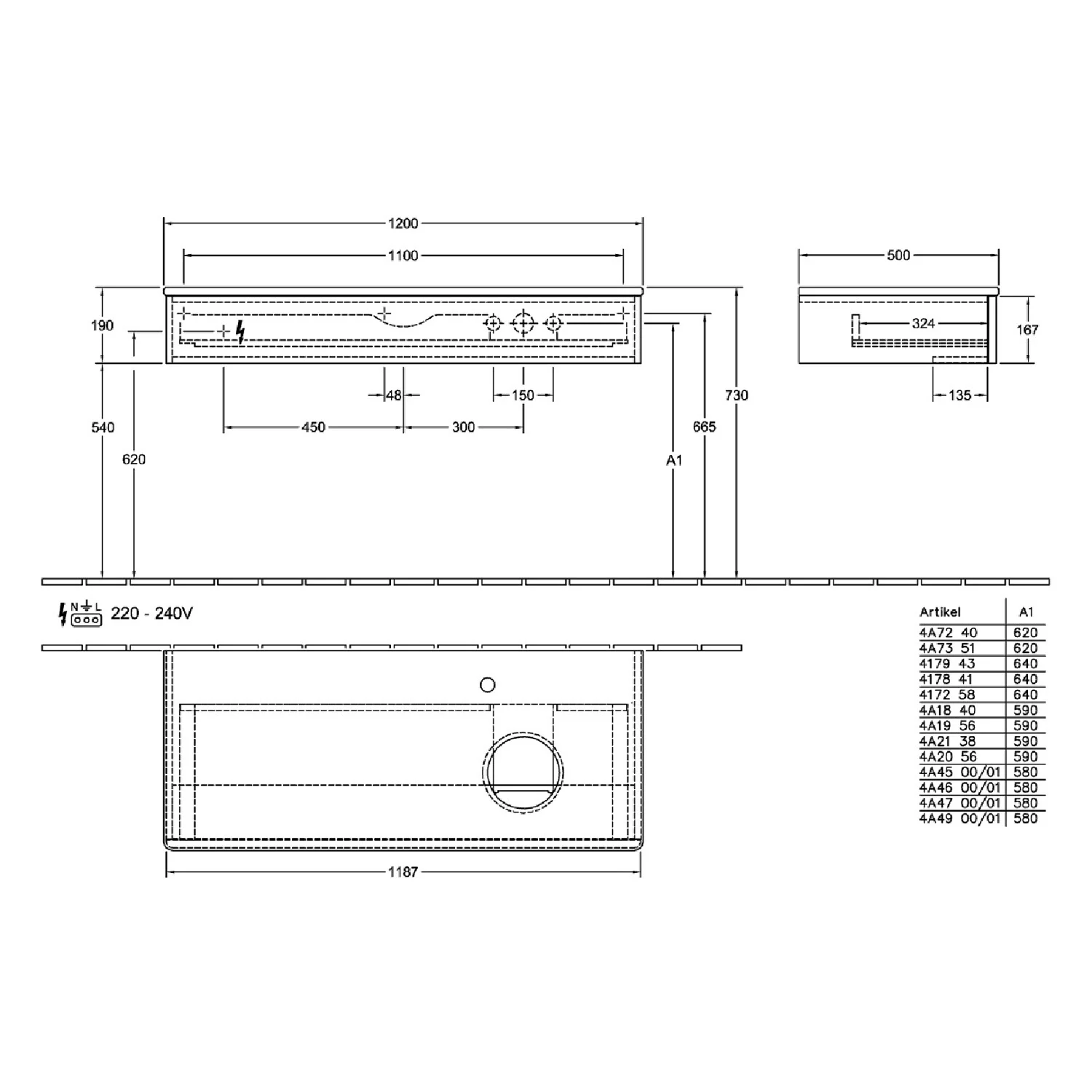 Rysunek techniczny mebla łazienkowego z wymiarami, Villeroy & Boch