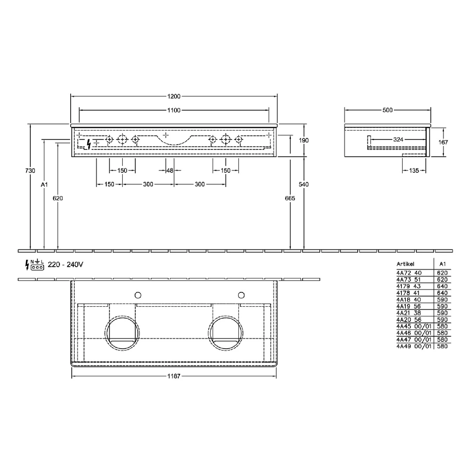 Rysunek techniczny mebla łazienkowego z wymiarami, Villeroy & Boch
