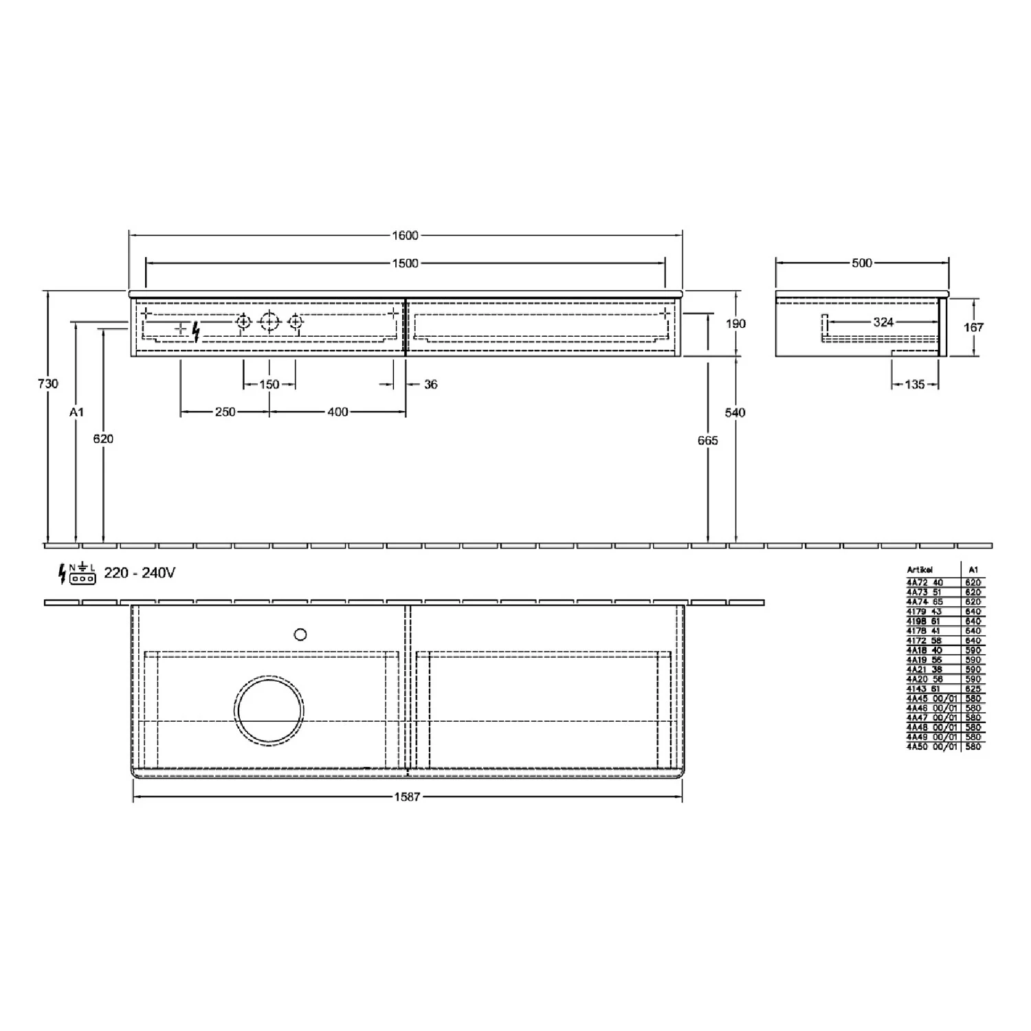 Rysunek techniczny zlewu z wymiarami, Villeroy & Boch